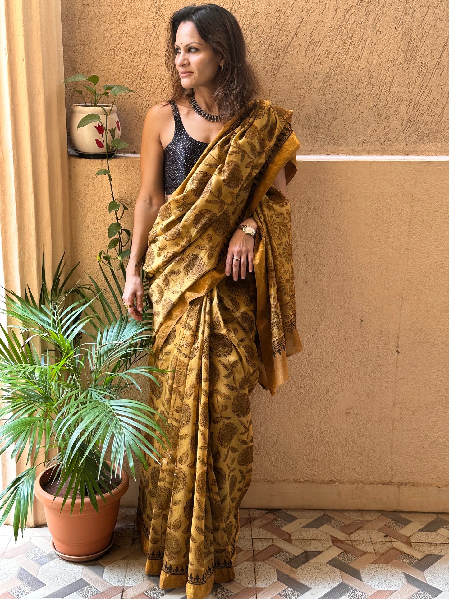 Mustard Natural Vanaspati Block Print Maheshwari Sari with Zari Border