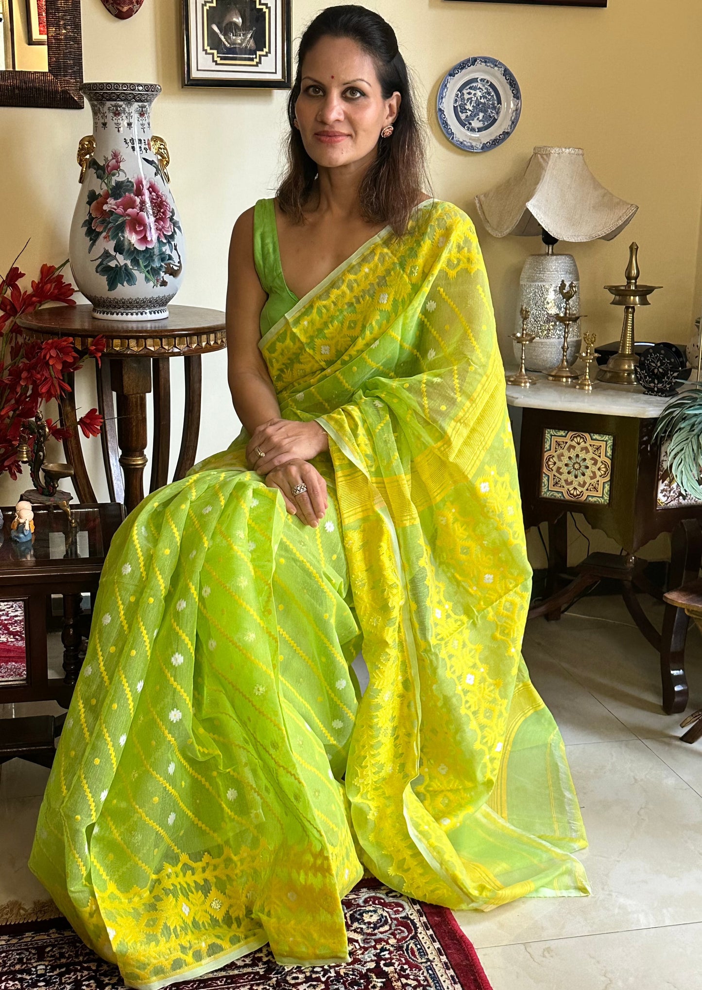 Lemon Green & Yellow Cotton Silk Jamdani Sari - Raahini