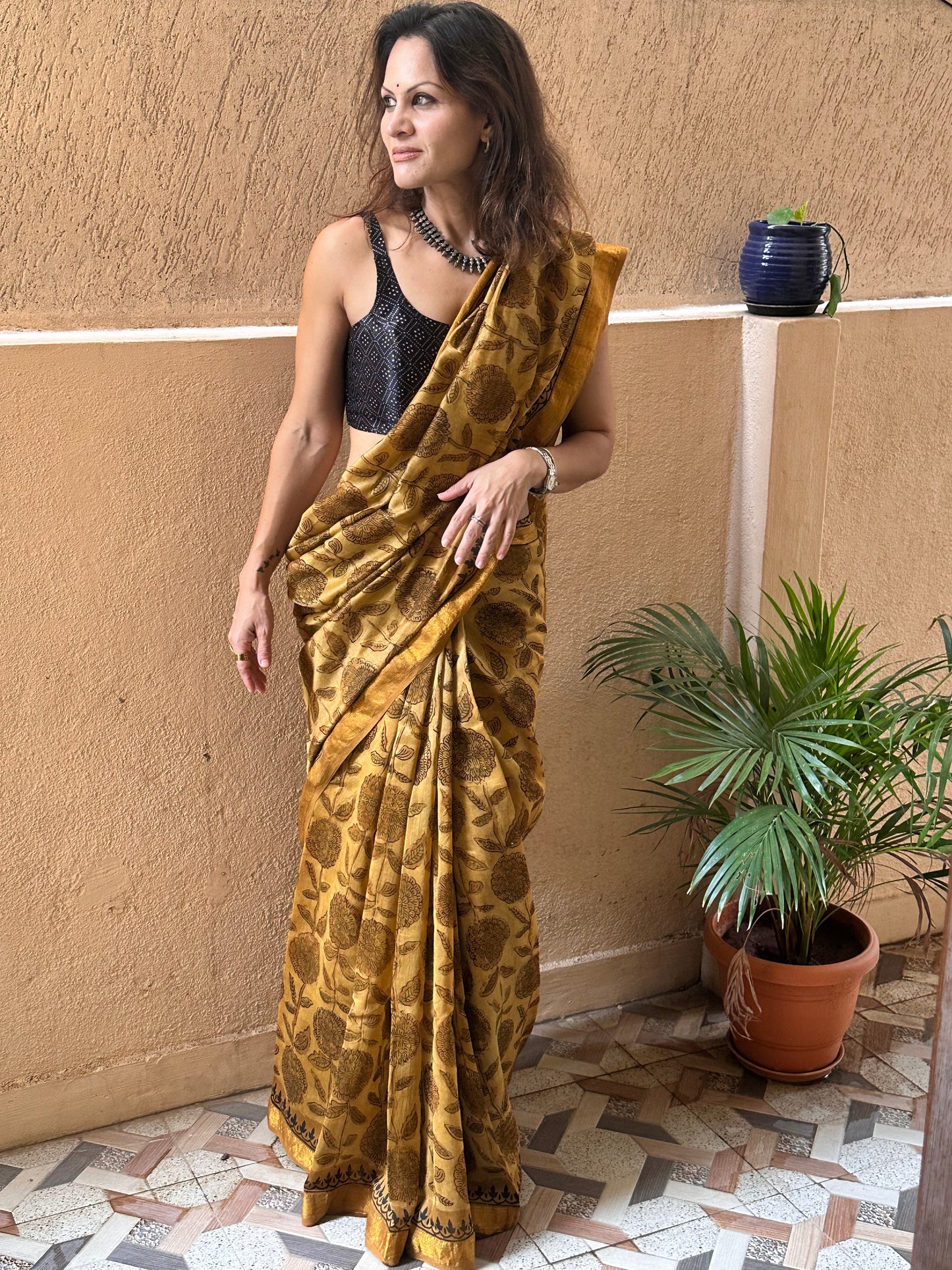 Mustard Natural Vanaspati Block Print Maheshwari Sari with Zari Border