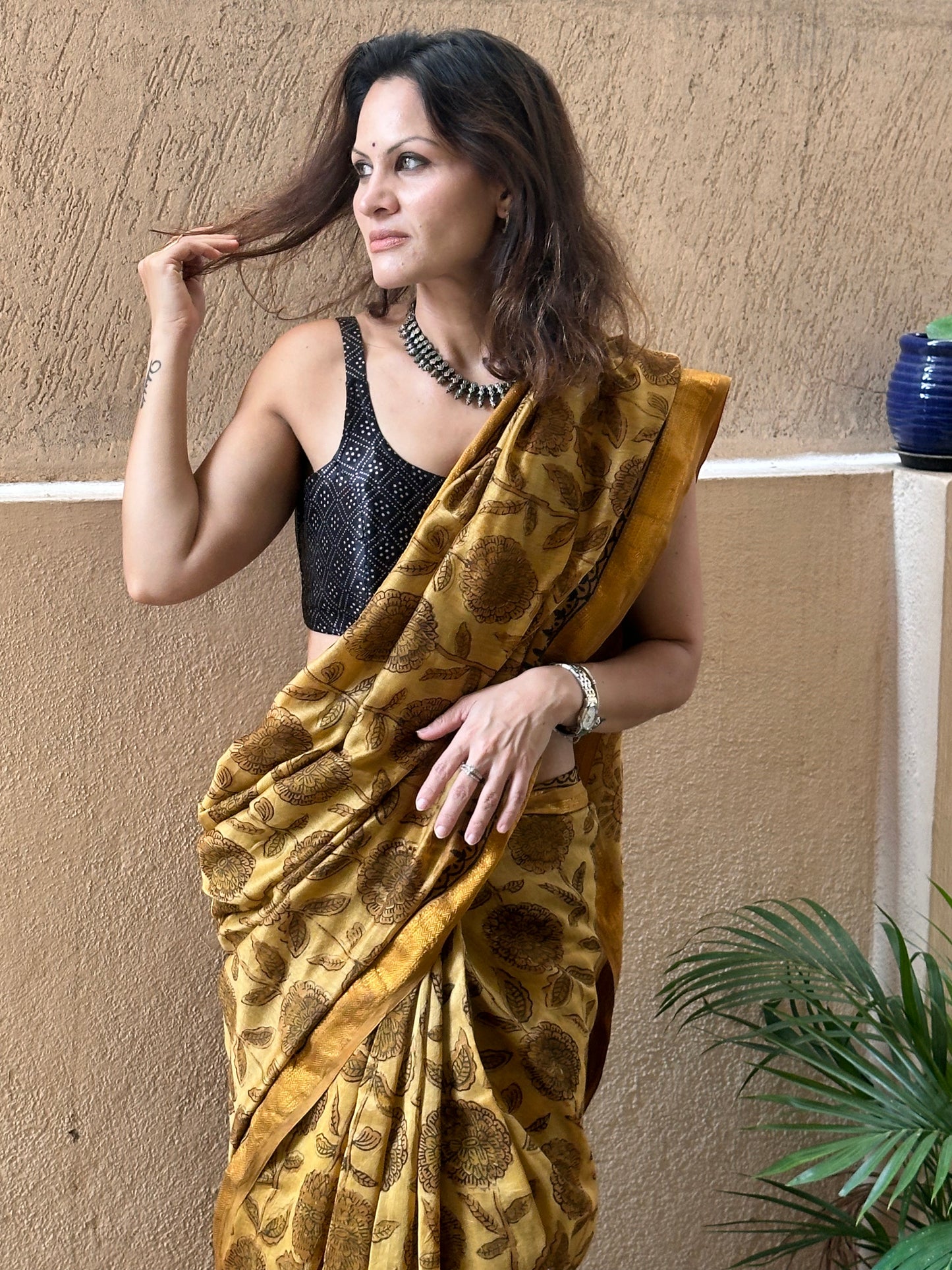 Mustard Natural Vanaspati Block Print Maheshwari Sari with Zari Border