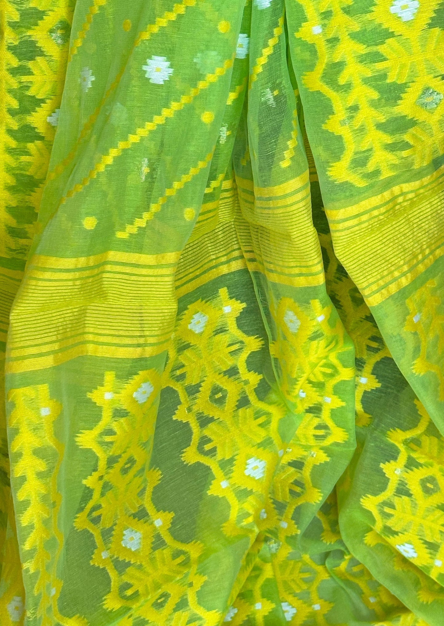 Lemon Green & Yellow Cotton Silk Jamdani Sari - Raahini