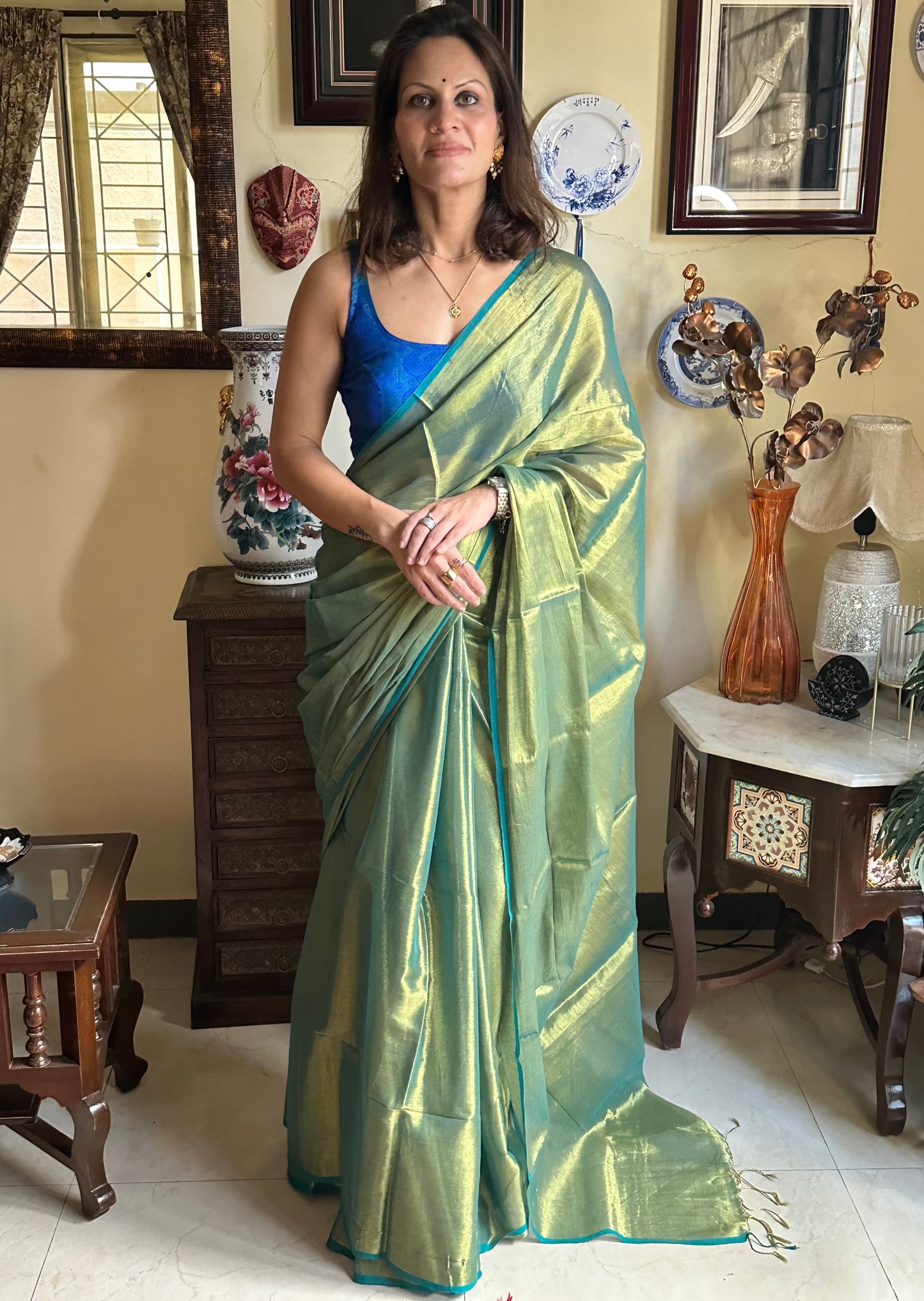 Green Pure Mul Mul Handwoven Tissue Cotton Sari - Raahini