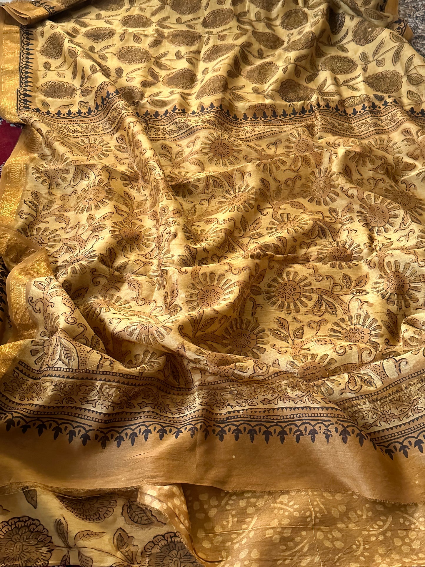 Mustard Natural Vanaspati Block Print Maheshwari Sari with Zari Border