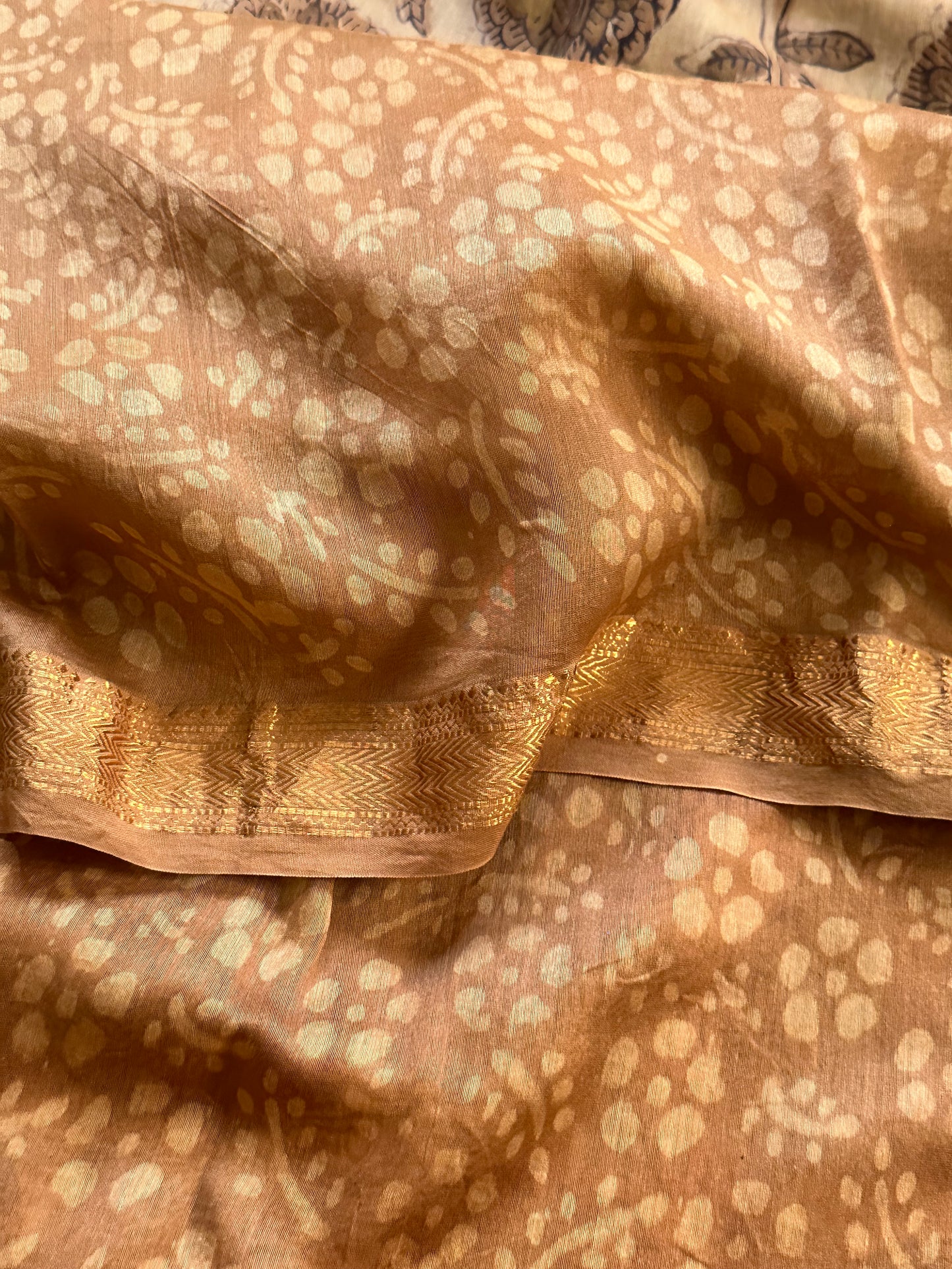 Mustard Natural Vanaspati Block Print Maheshwari Sari with Zari Border