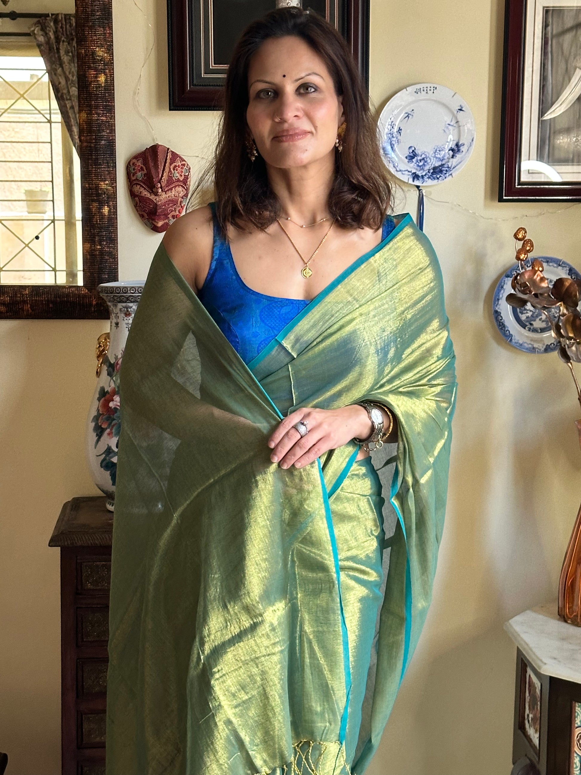 Green Pure Mul Mul Handwoven Tissue Cotton Sari - Raahini