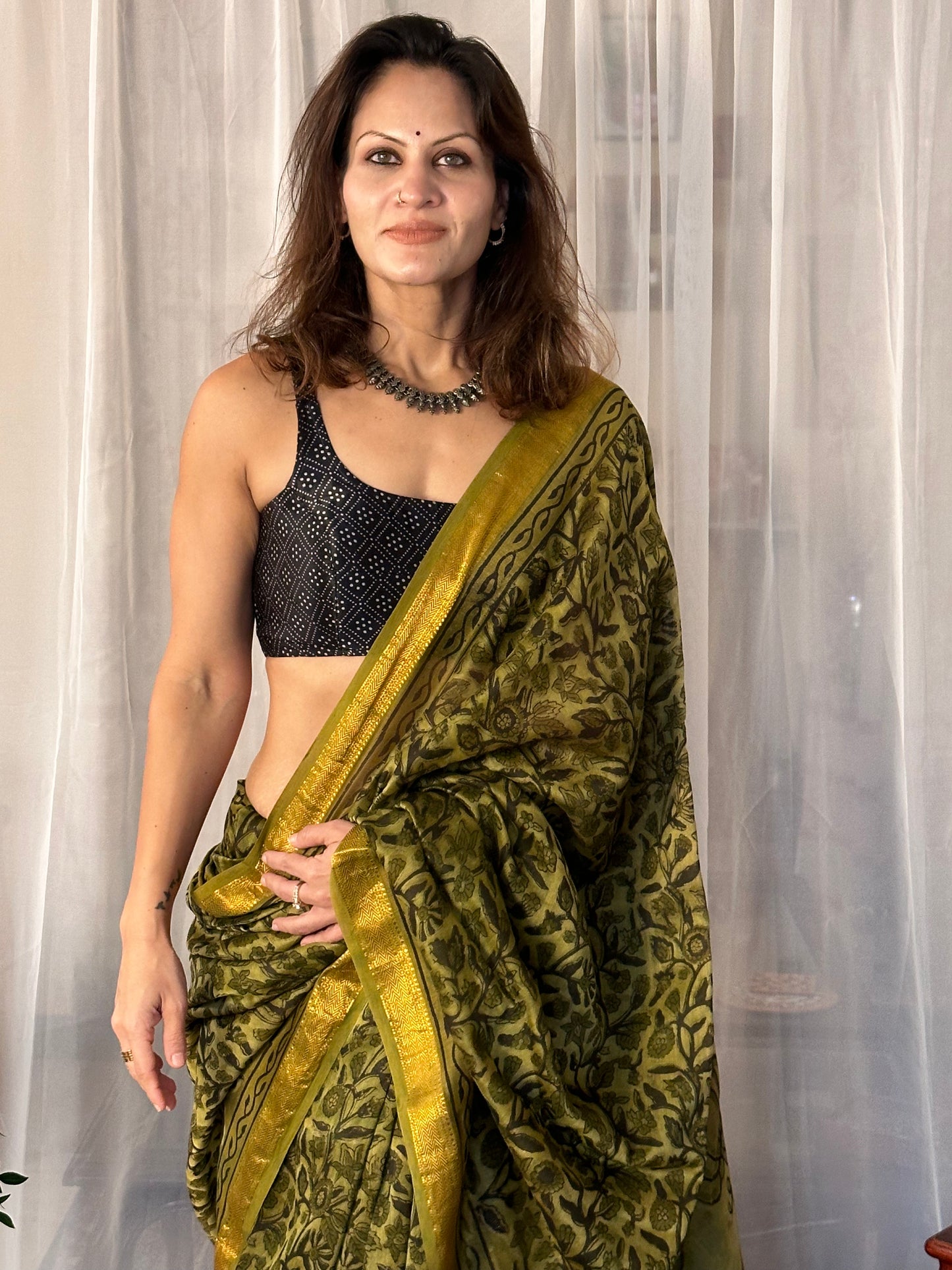 Green Natural Vanaspati Block Print Maheshwari Sari with Zari Border