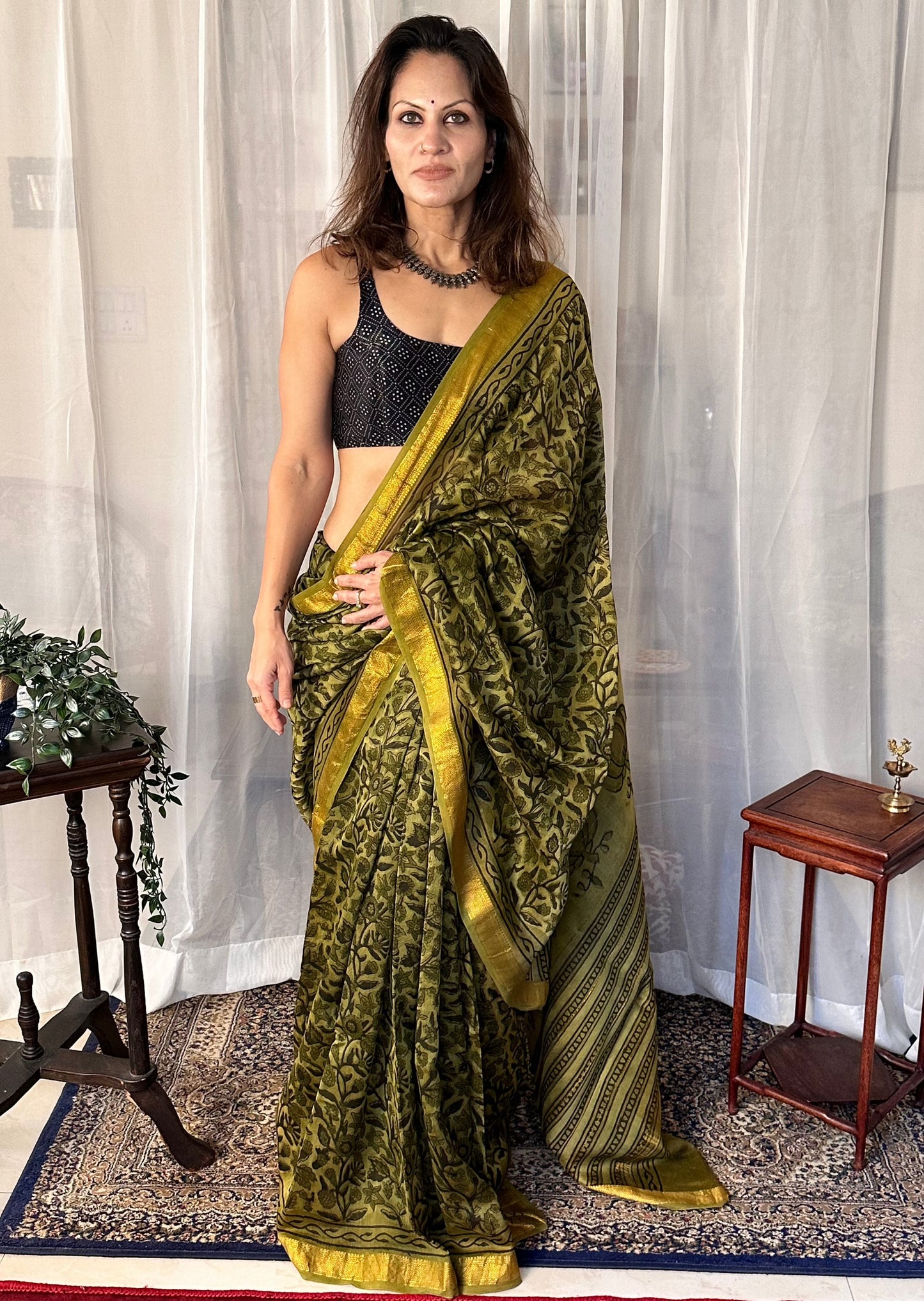 Green Natural Vanaspati Block Print Maheshwari Sari with Zari Border