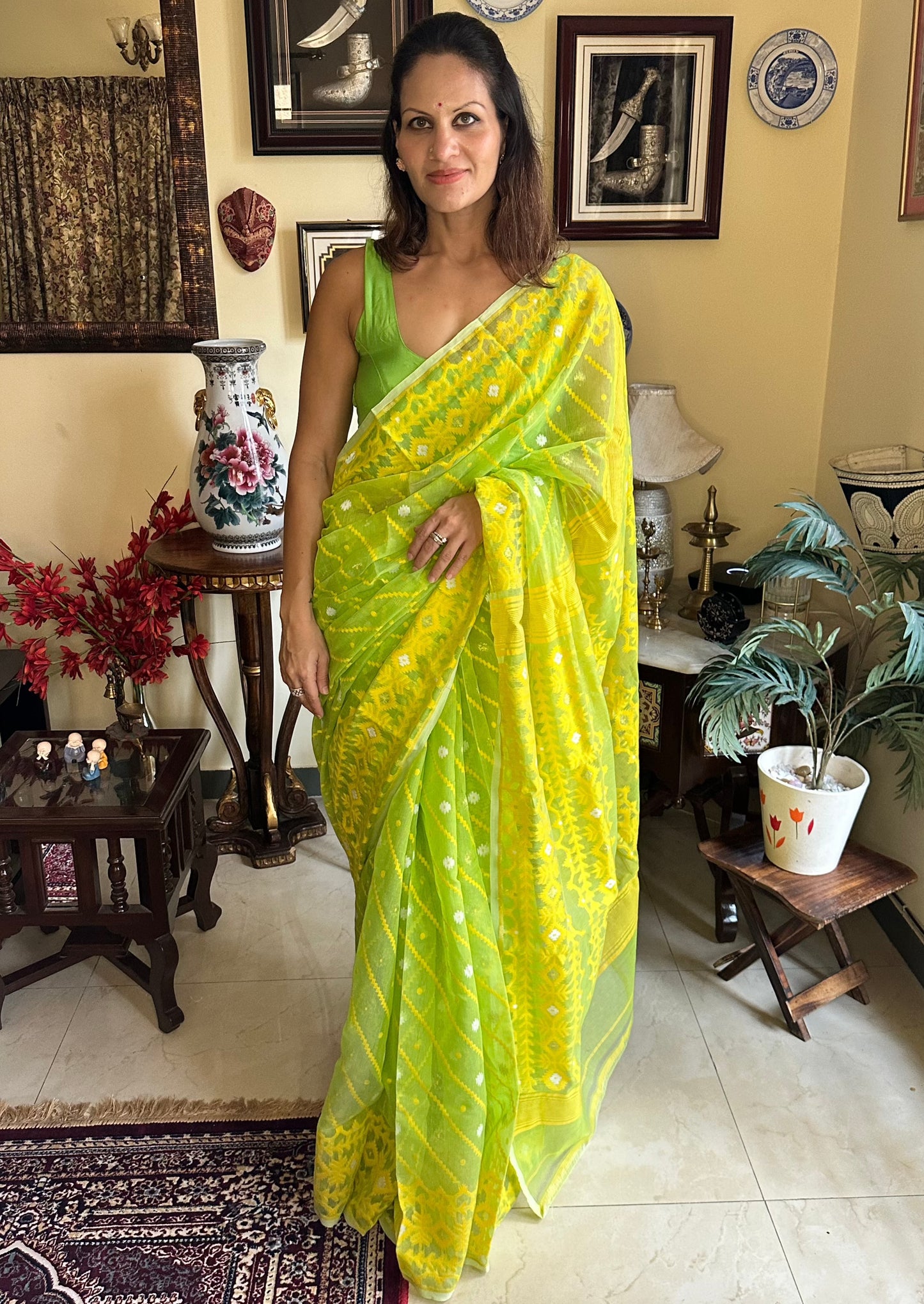 Lemon Green & Yellow Cotton Silk Jamdani Sari - Raahini