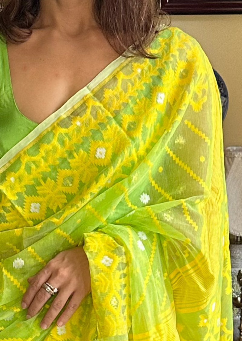 Lemon Green & Yellow Cotton Silk Jamdani Sari - Raahini