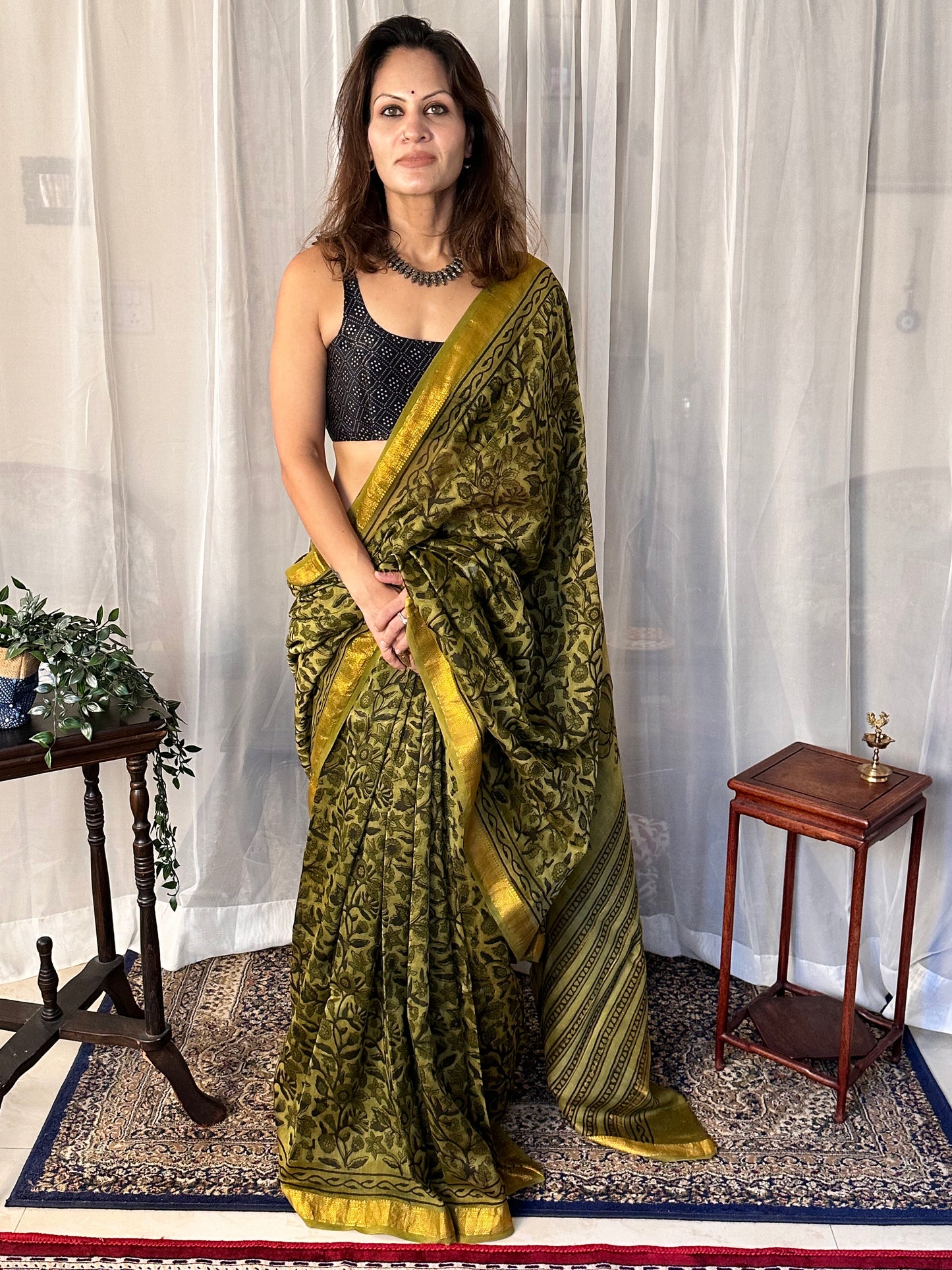 Green Natural Vanaspati Block Print Maheshwari Sari with Zari Border