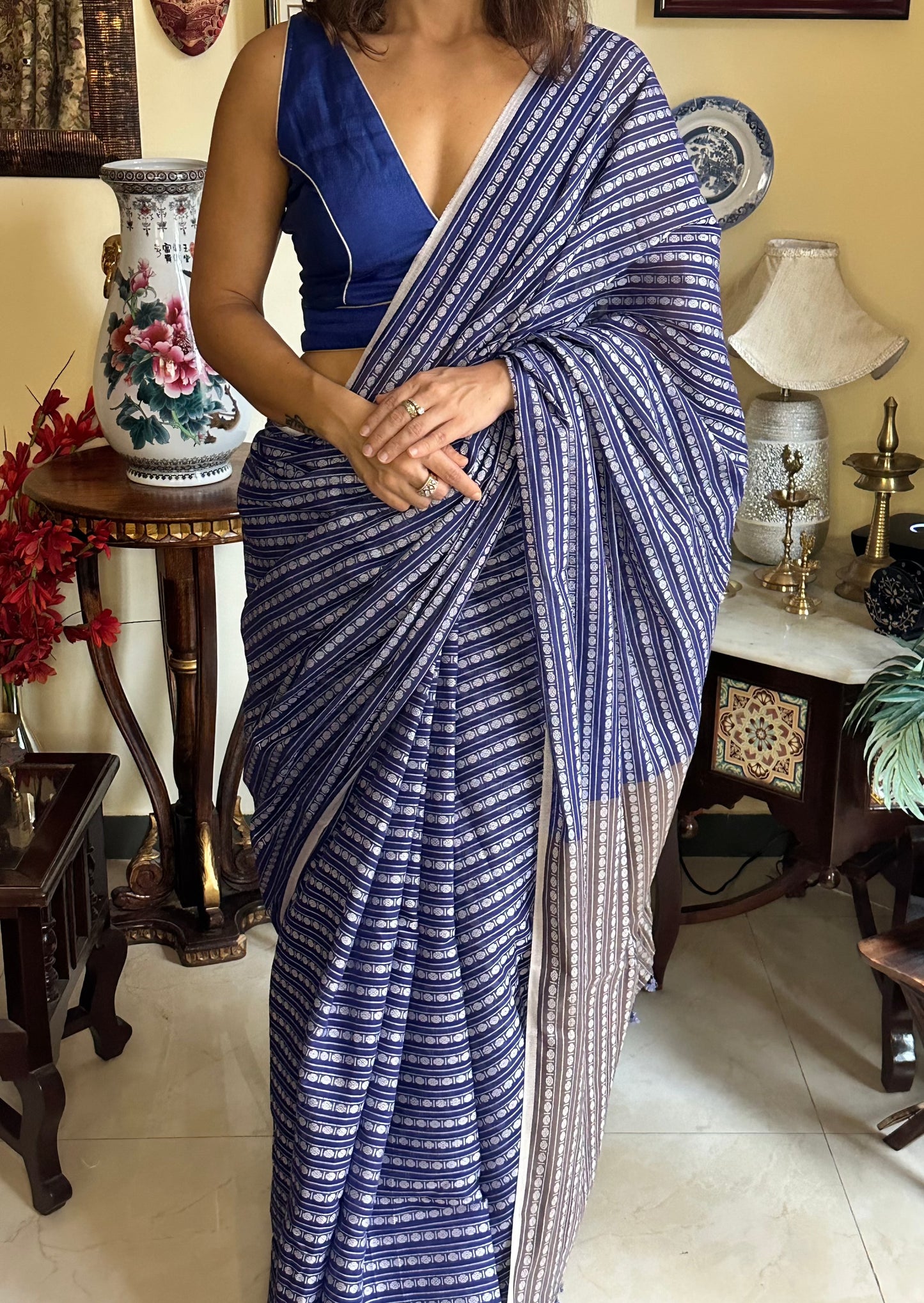 Blue Pure Cotton Rudraksha Design Woven Sari - Raahini