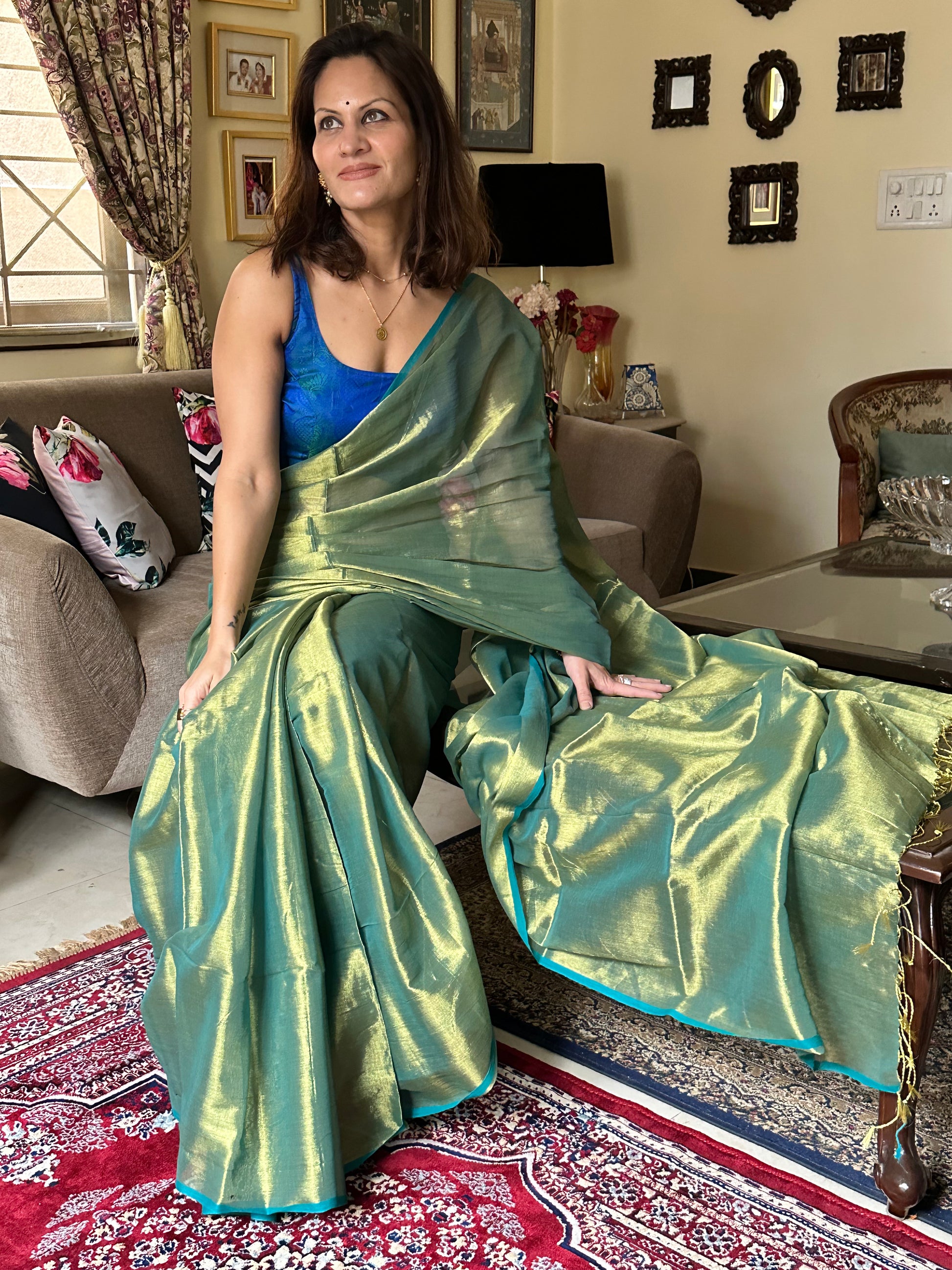 Green Pure Mul Mul Handwoven Tissue Cotton Sari - Raahini