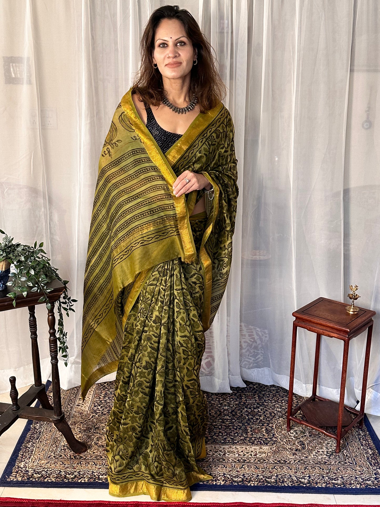 Green Natural Vanaspati Block Print Maheshwari Sari with Zari Border