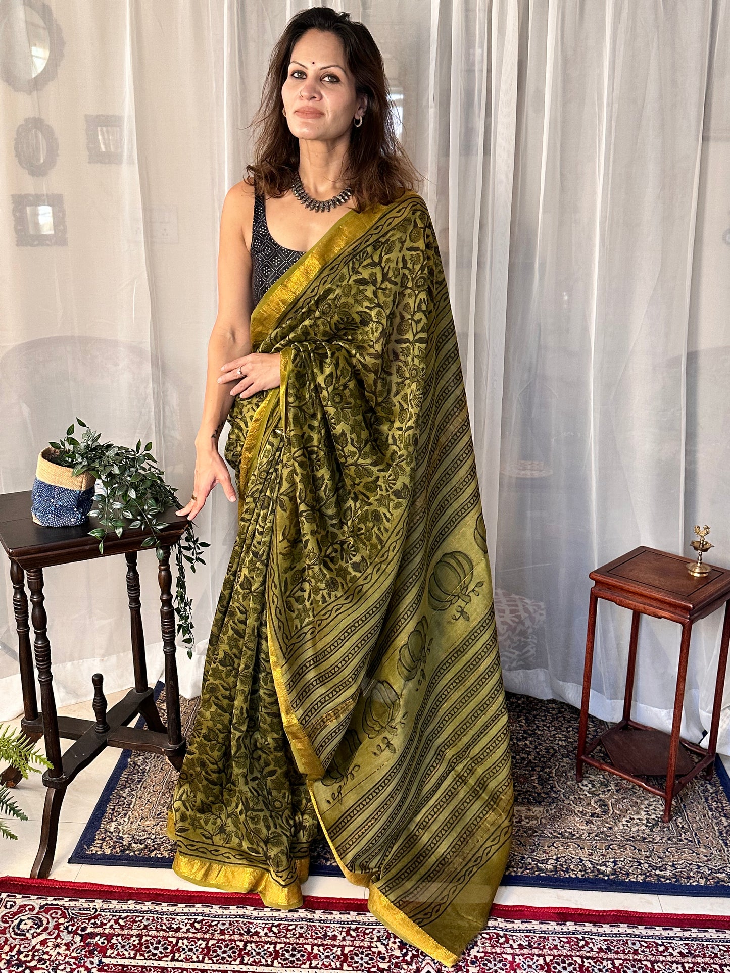 Green Natural Vanaspati Block Print Maheshwari Sari with Zari Border