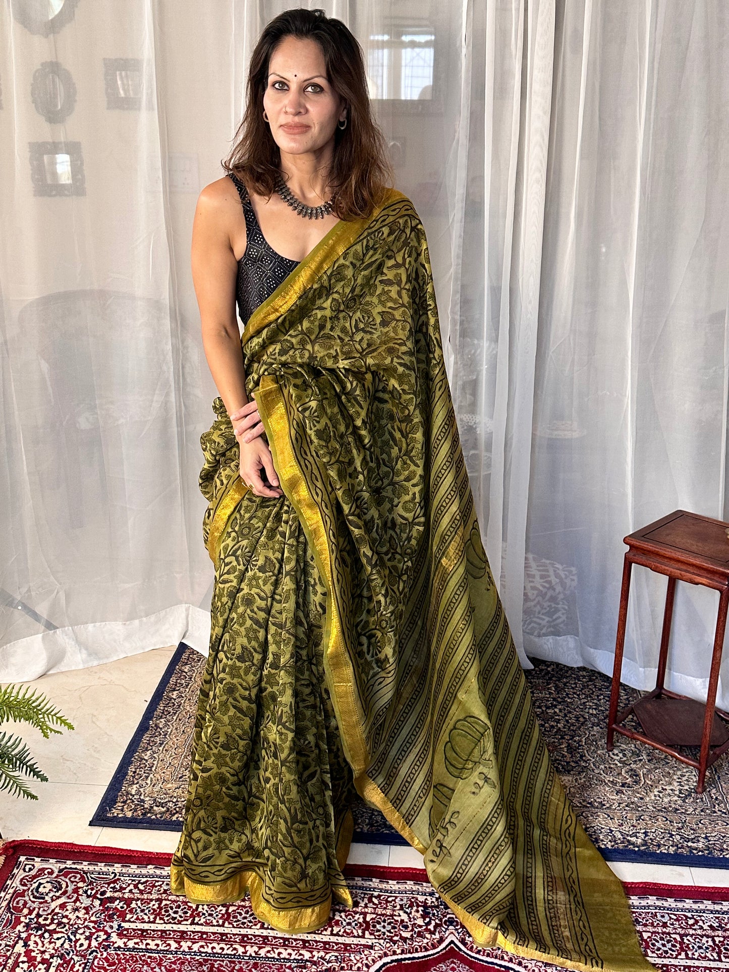 Green Natural Vanaspati Block Print Maheshwari Sari with Zari Border