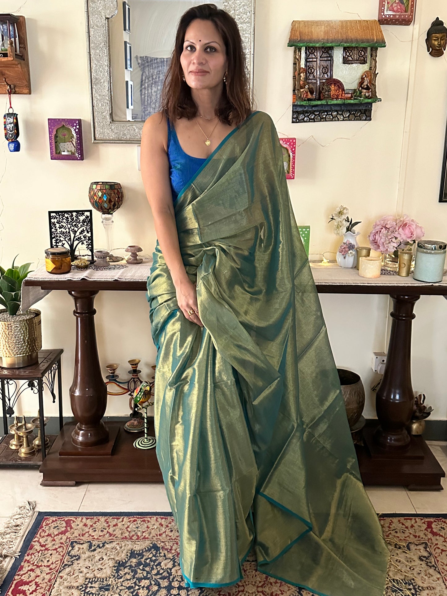 Green Pure Mul Mul Handwoven Tissue Cotton Sari - Raahini