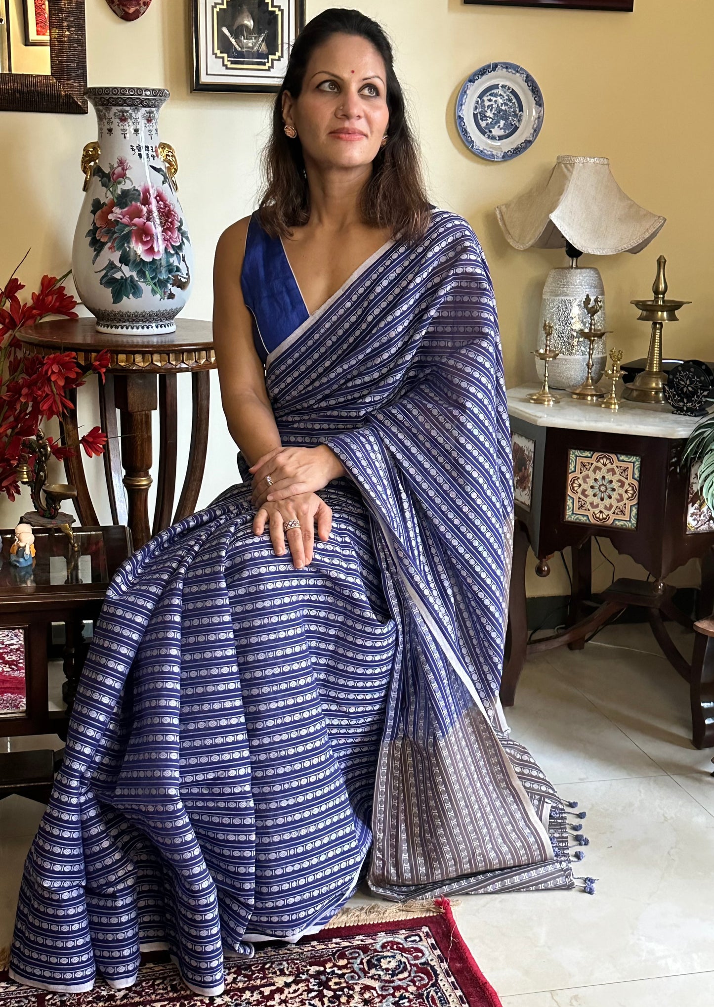 Blue Pure Cotton Rudraksha Design Woven Sari - Raahini