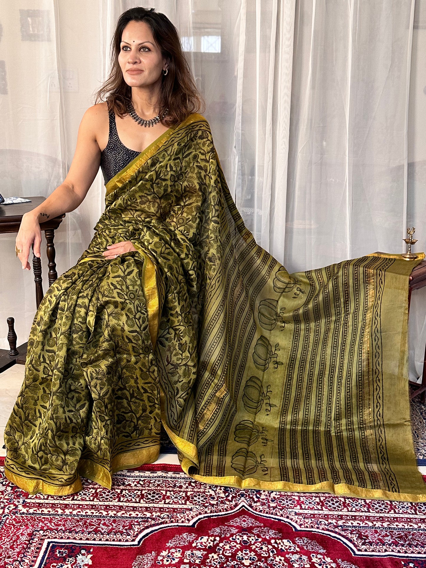 Green Natural Vanaspati Block Print Maheshwari Sari with Zari Border