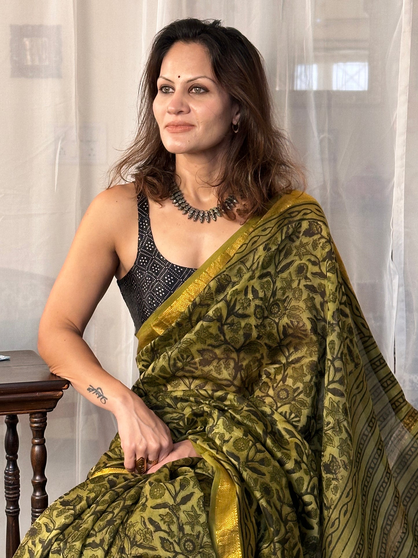 Green Natural Vanaspati Block Print Maheshwari Sari with Zari Border