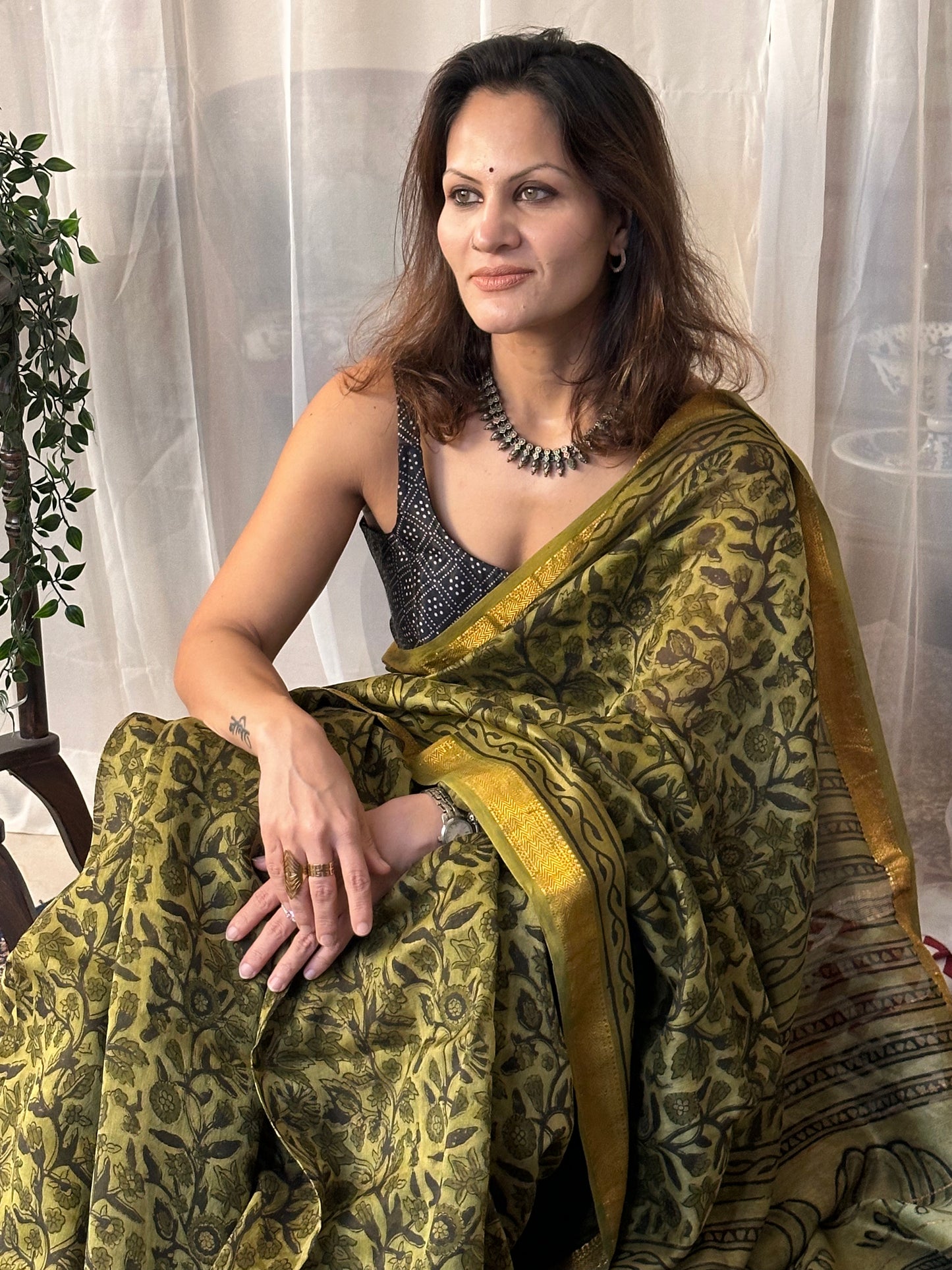 Green Natural Vanaspati Block Print Maheshwari Sari with Zari Border