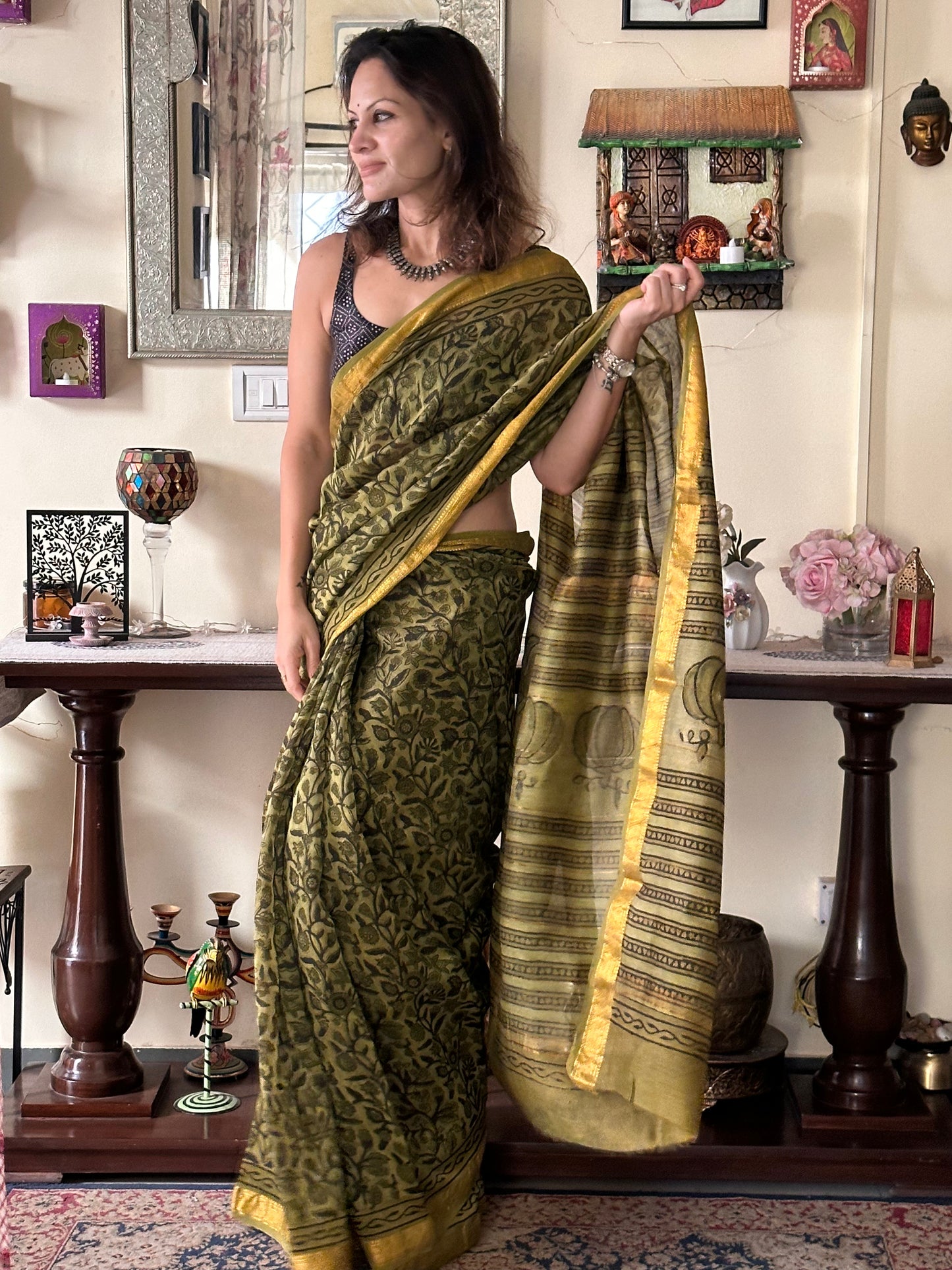 Green Natural Vanaspati Block Print Maheshwari Sari with Zari Border