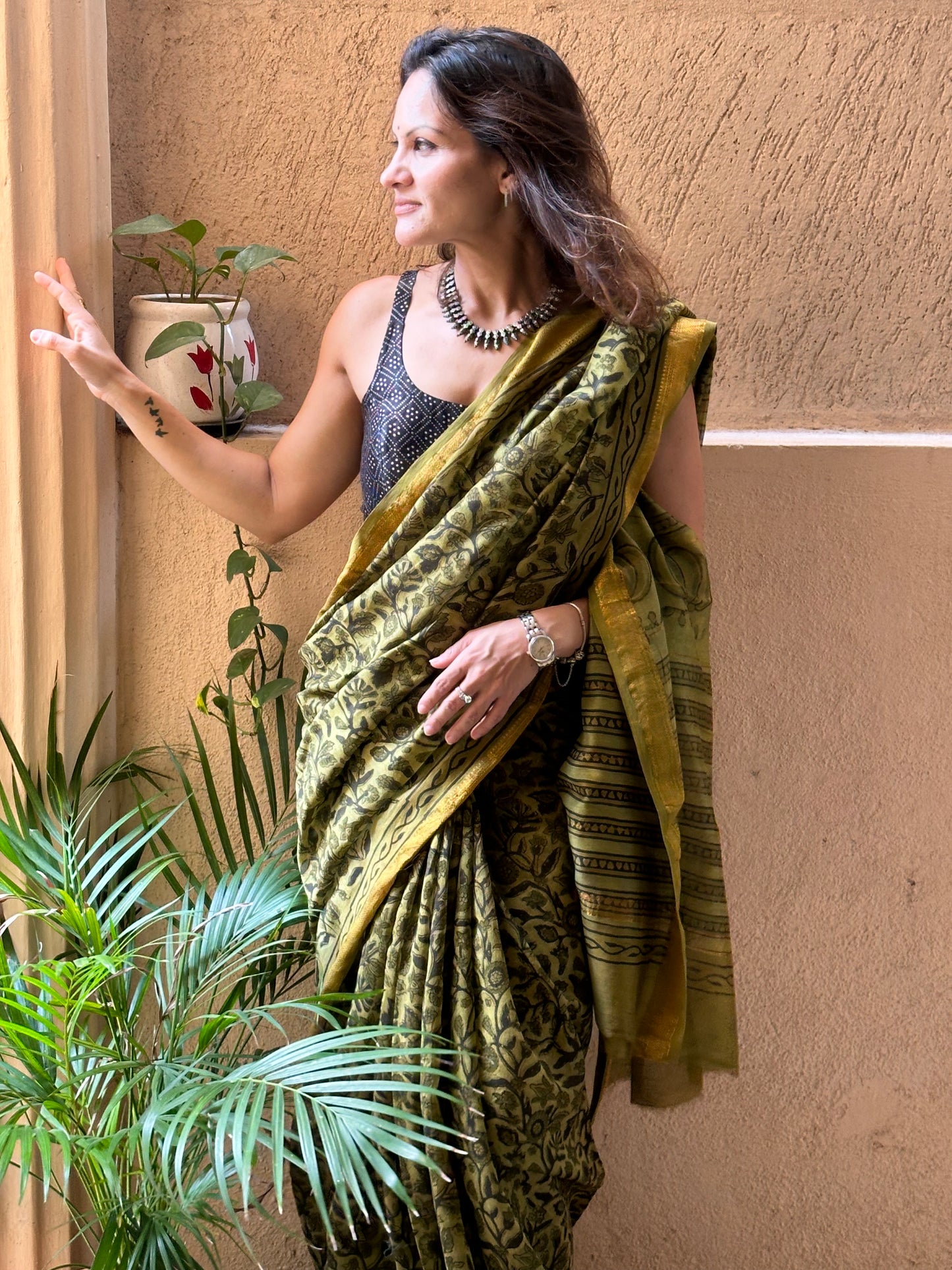 Green Natural Vanaspati Block Print Maheshwari Sari with Zari Border