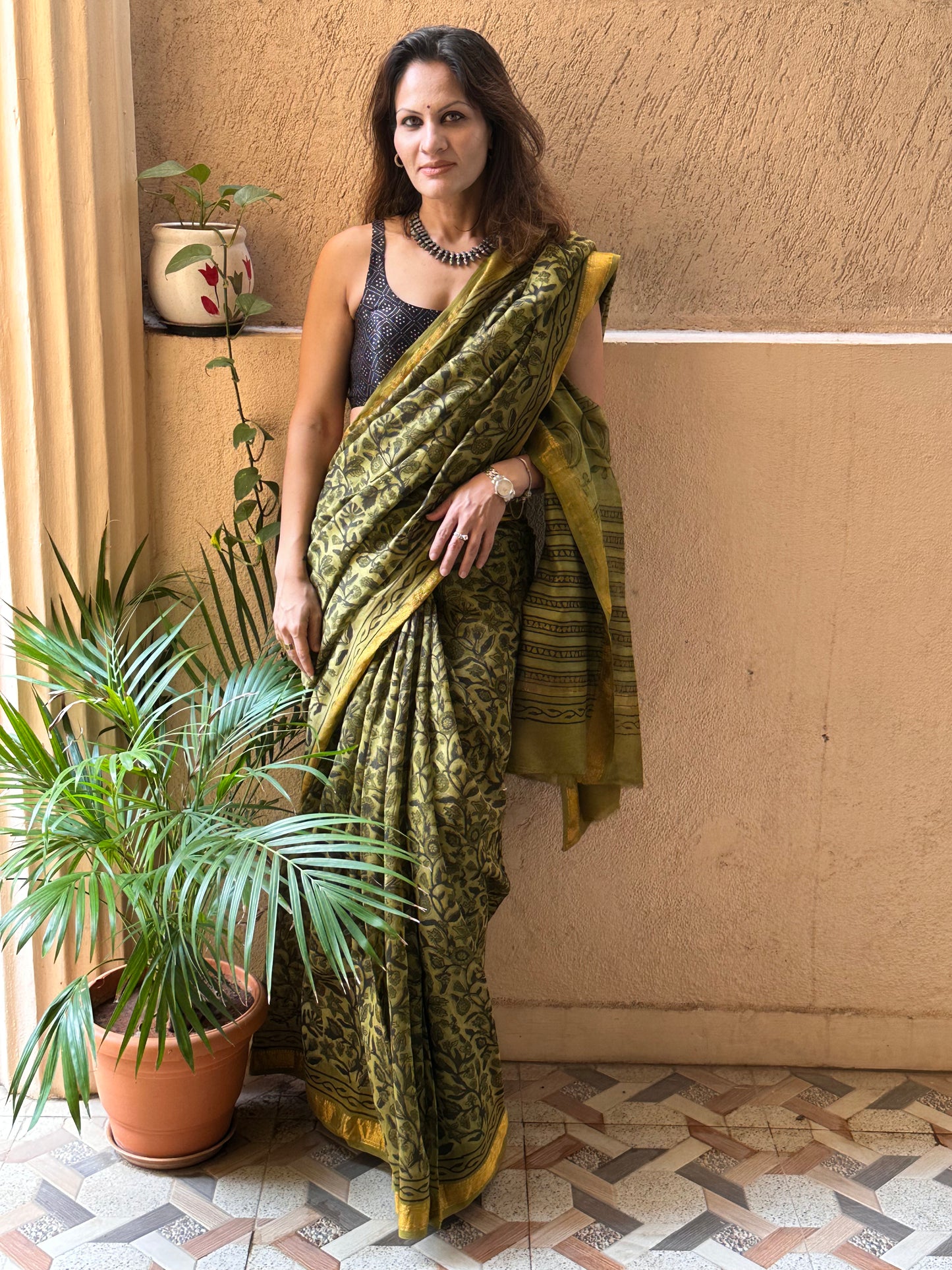 Green Natural Vanaspati Block Print Maheshwari Sari with Zari Border