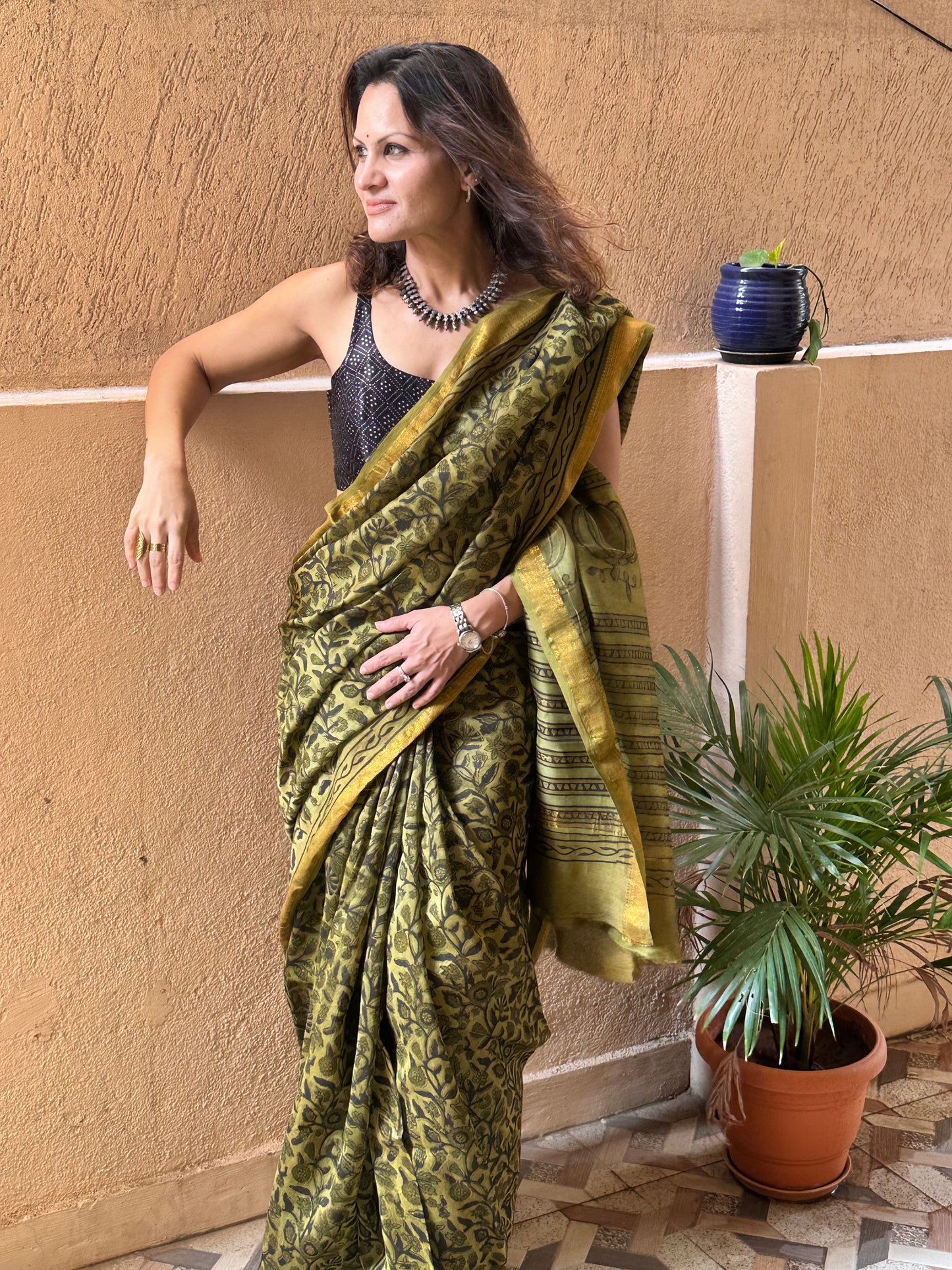 Green Natural Vanaspati Block Print Maheshwari Sari with Zari Border