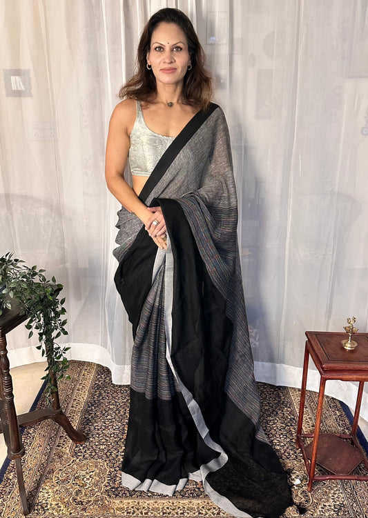 Black & Grey Handloom Pure Linen Sari with Multicolor Thread Weaving