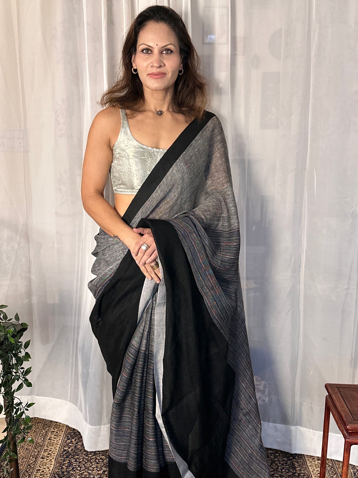 Black & Grey Handloom Pure Linen Sari with Multicolor Thread Weaving