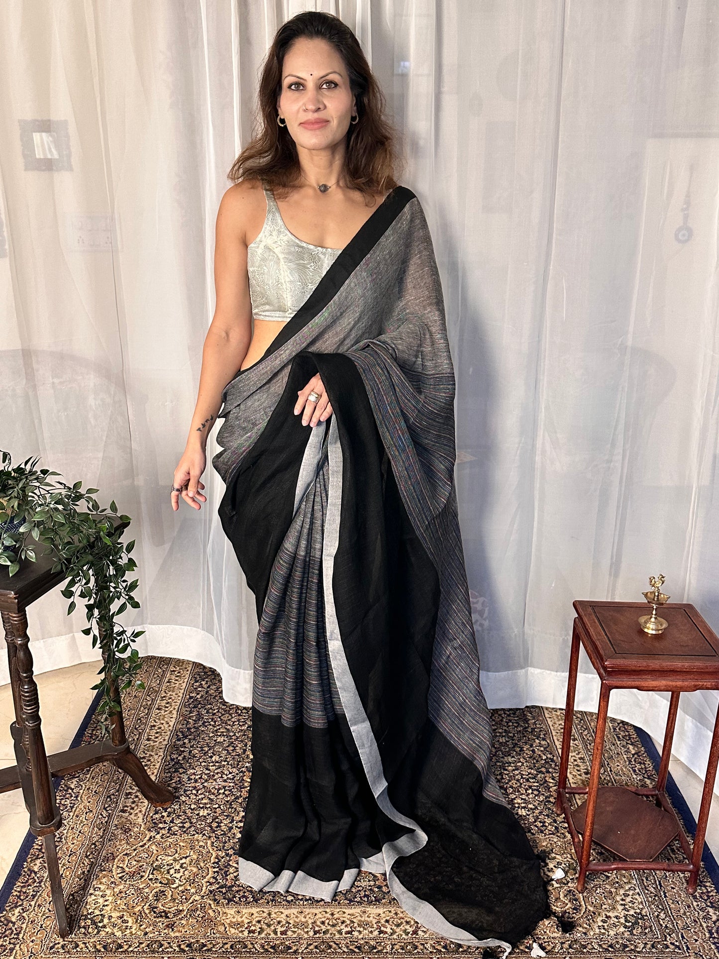 Black & Grey Handloom Pure Linen Sari with Multicolor Thread Weaving