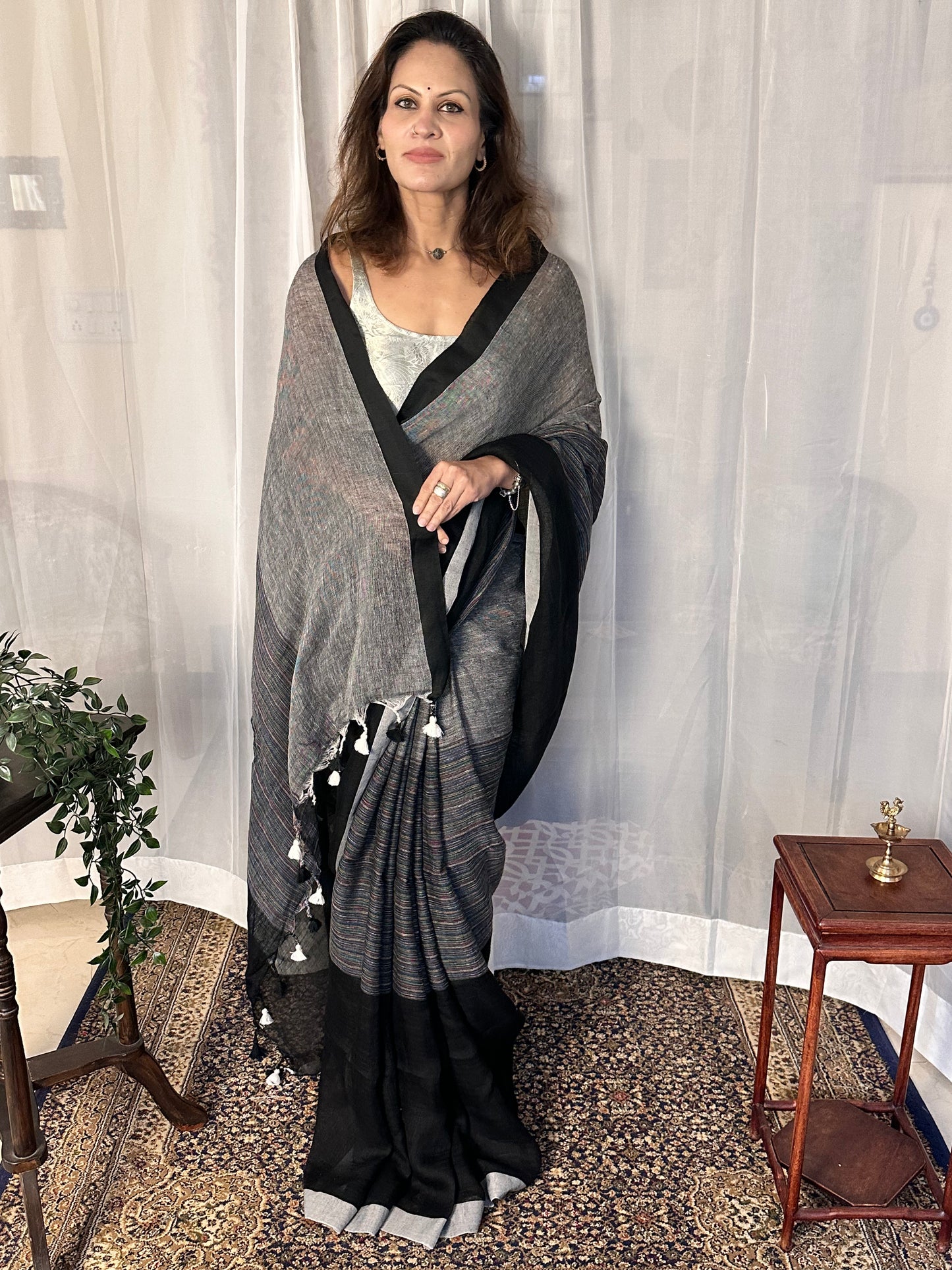 Black & Grey Handloom Pure Linen Sari with Multicolor Thread Weaving