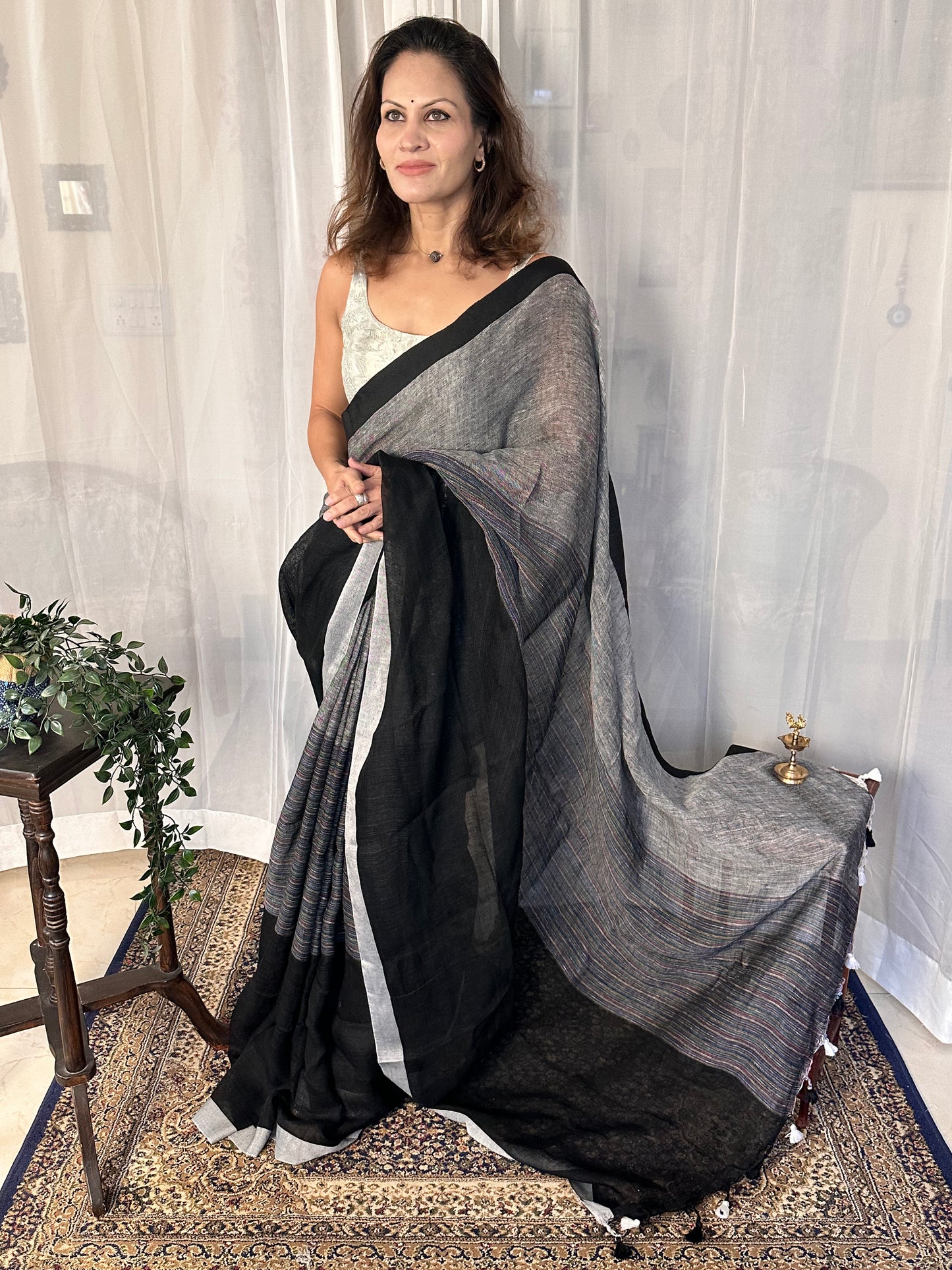 Black & Grey Handloom Pure Linen Sari with Multicolor Thread Weaving