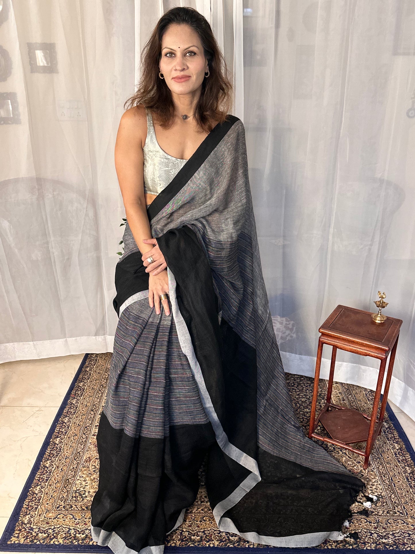 Black & Grey Handloom Pure Linen Sari with Multicolor Thread Weaving