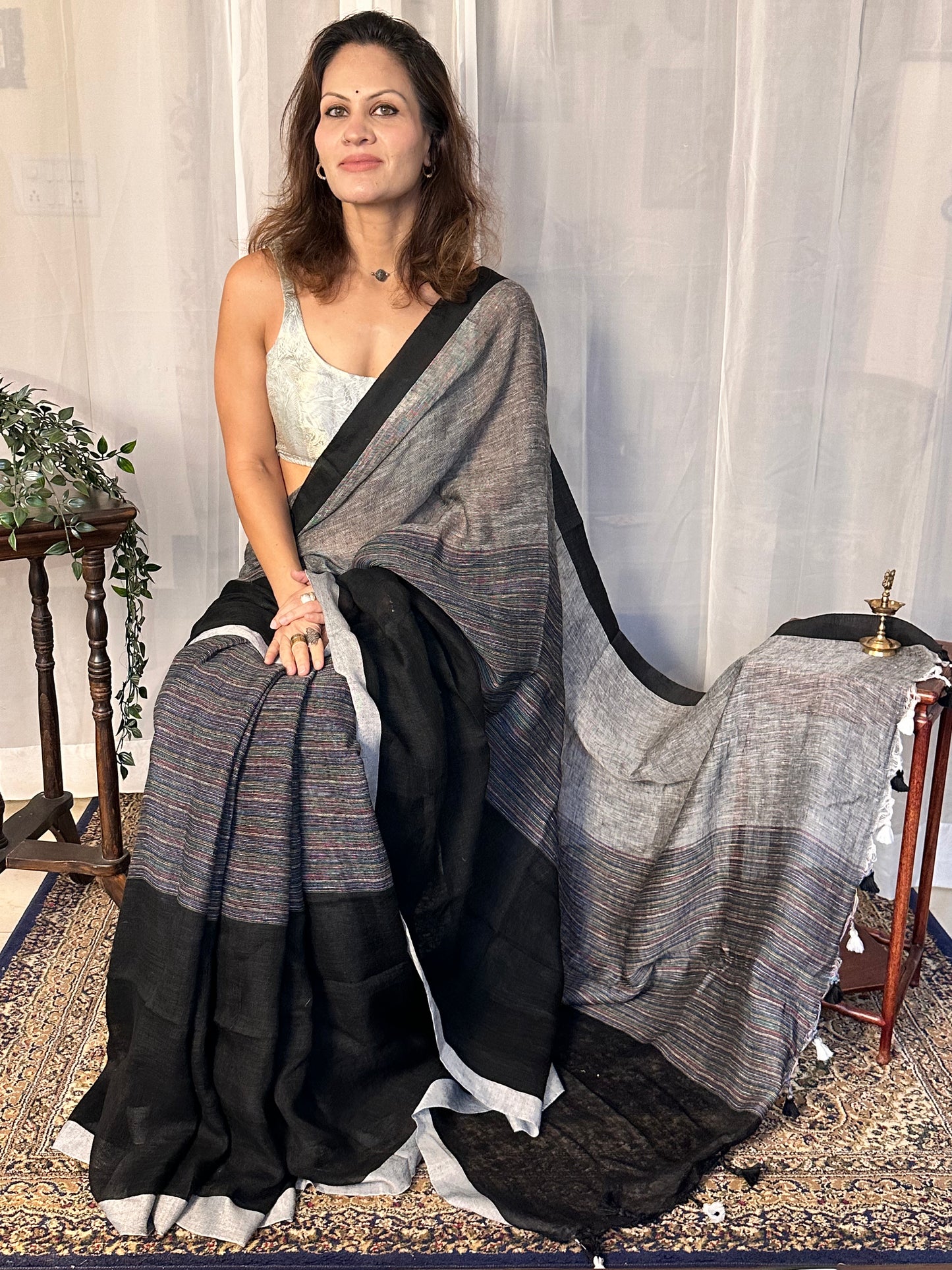 Black & Grey Handloom Pure Linen Sari with Multicolor Thread Weaving