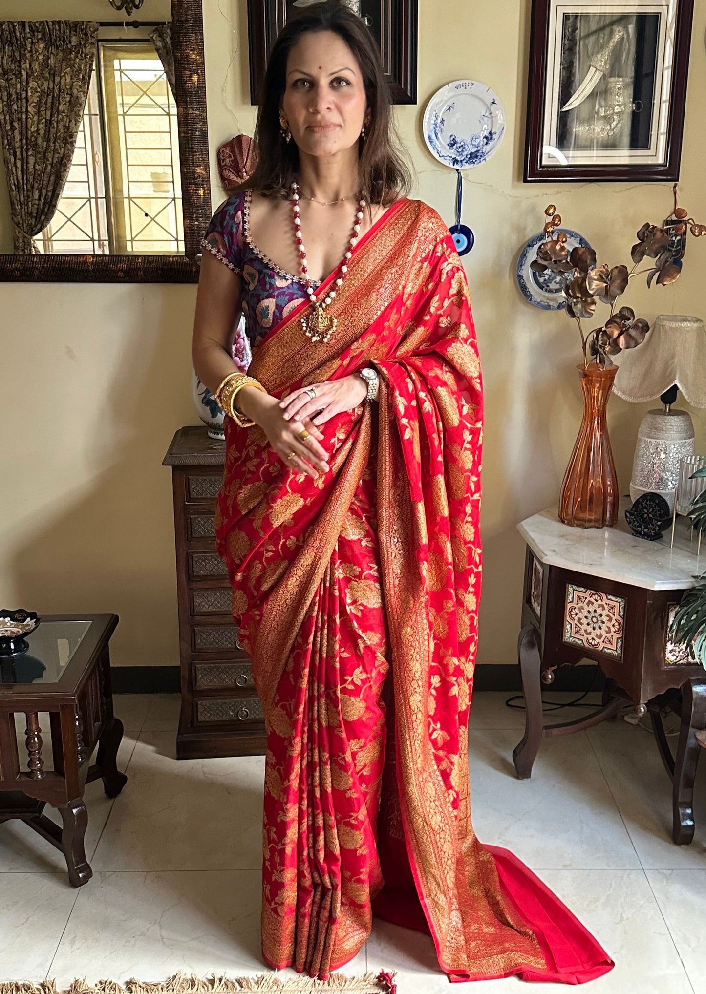 Red & Gold Banarasi Pure Khaadi Georgette Sari - Raahini