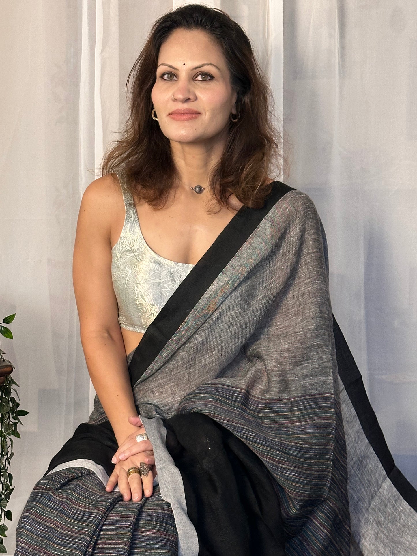 Black & Grey Handloom Pure Linen Sari with Multicolor Thread Weaving