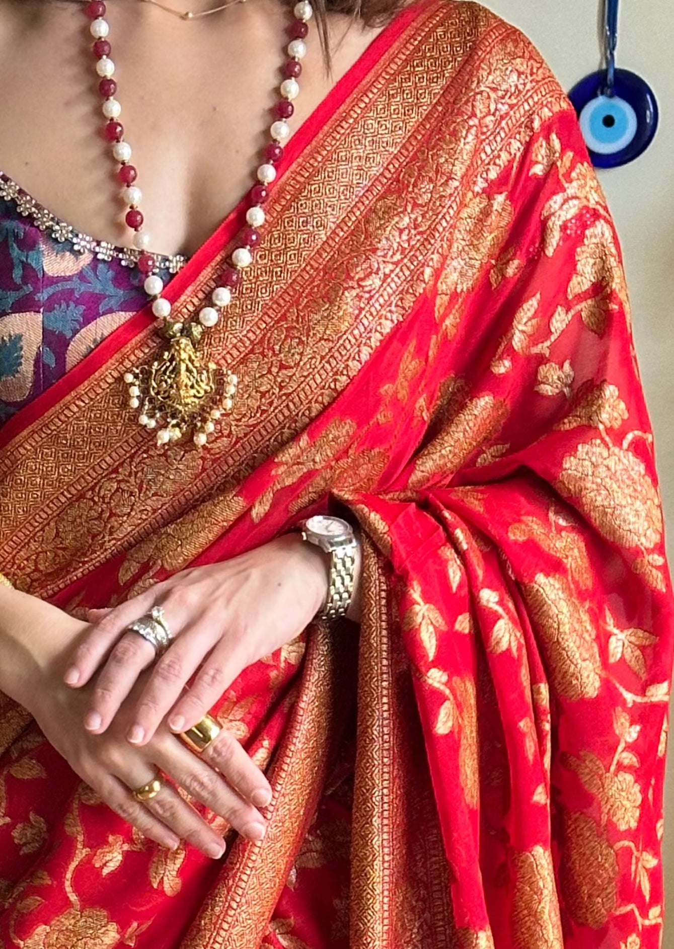 Red & Gold Banarasi Pure Khaadi Georgette Sari - Raahini