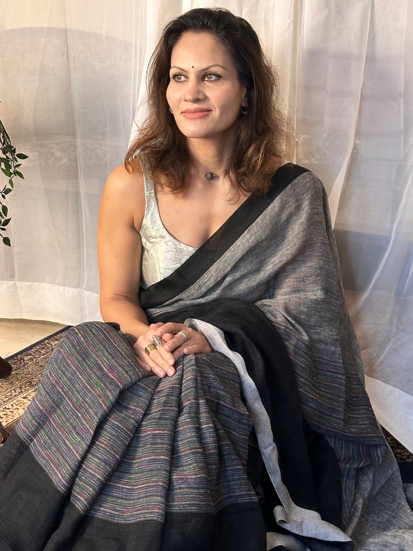 Black & Grey Handloom Pure Linen Sari with Multicolor Thread Weaving