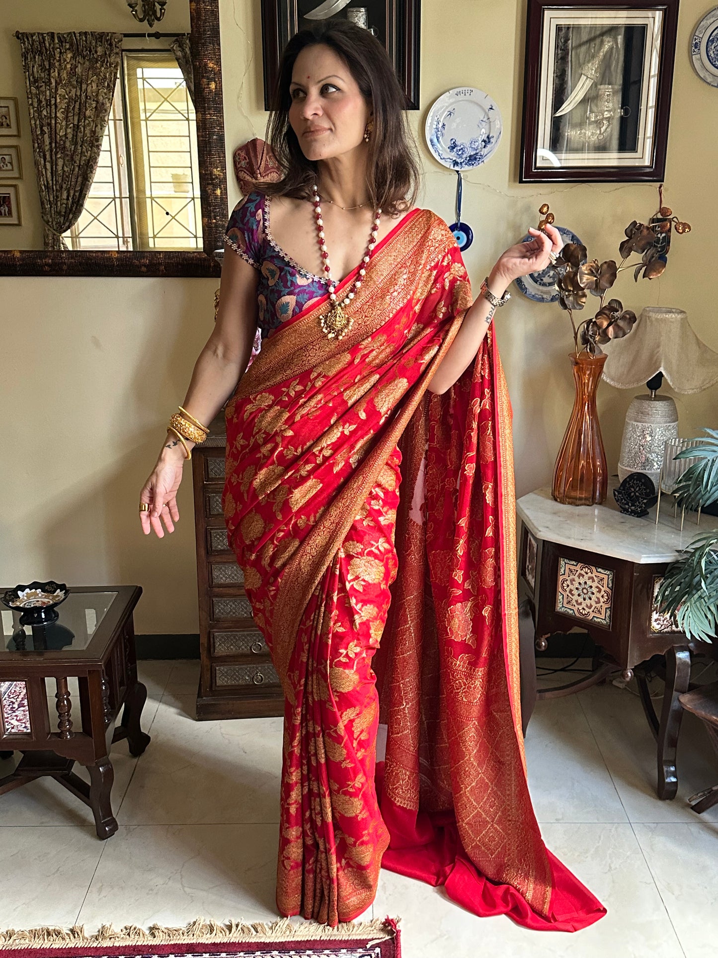 Red & Gold Banarasi Pure Khaadi Georgette Sari - Raahini