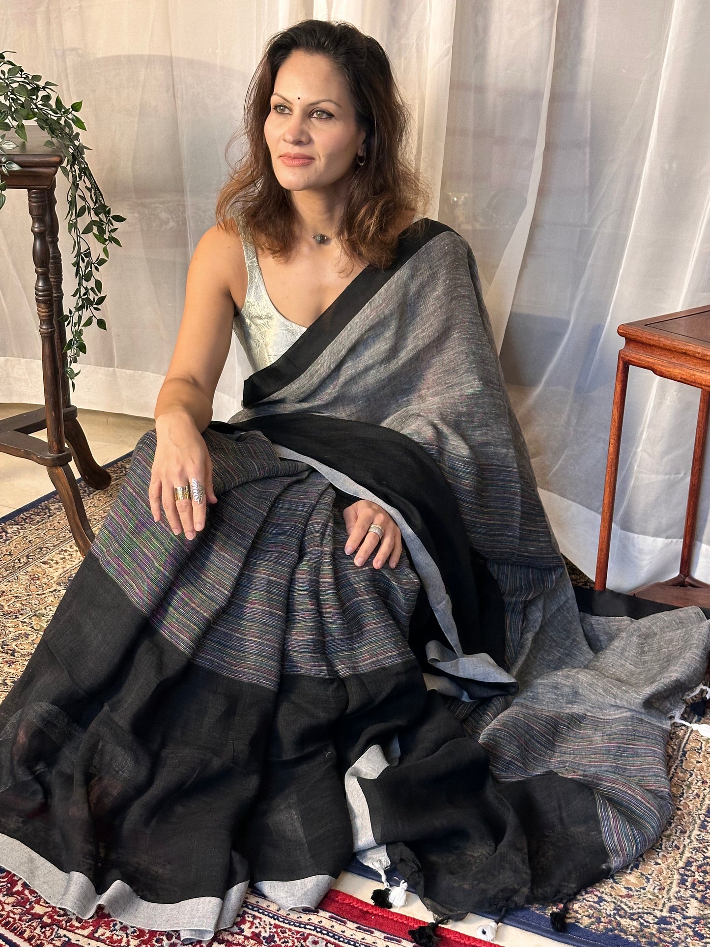 Black & Grey Handloom Pure Linen Sari with Multicolor Thread Weaving