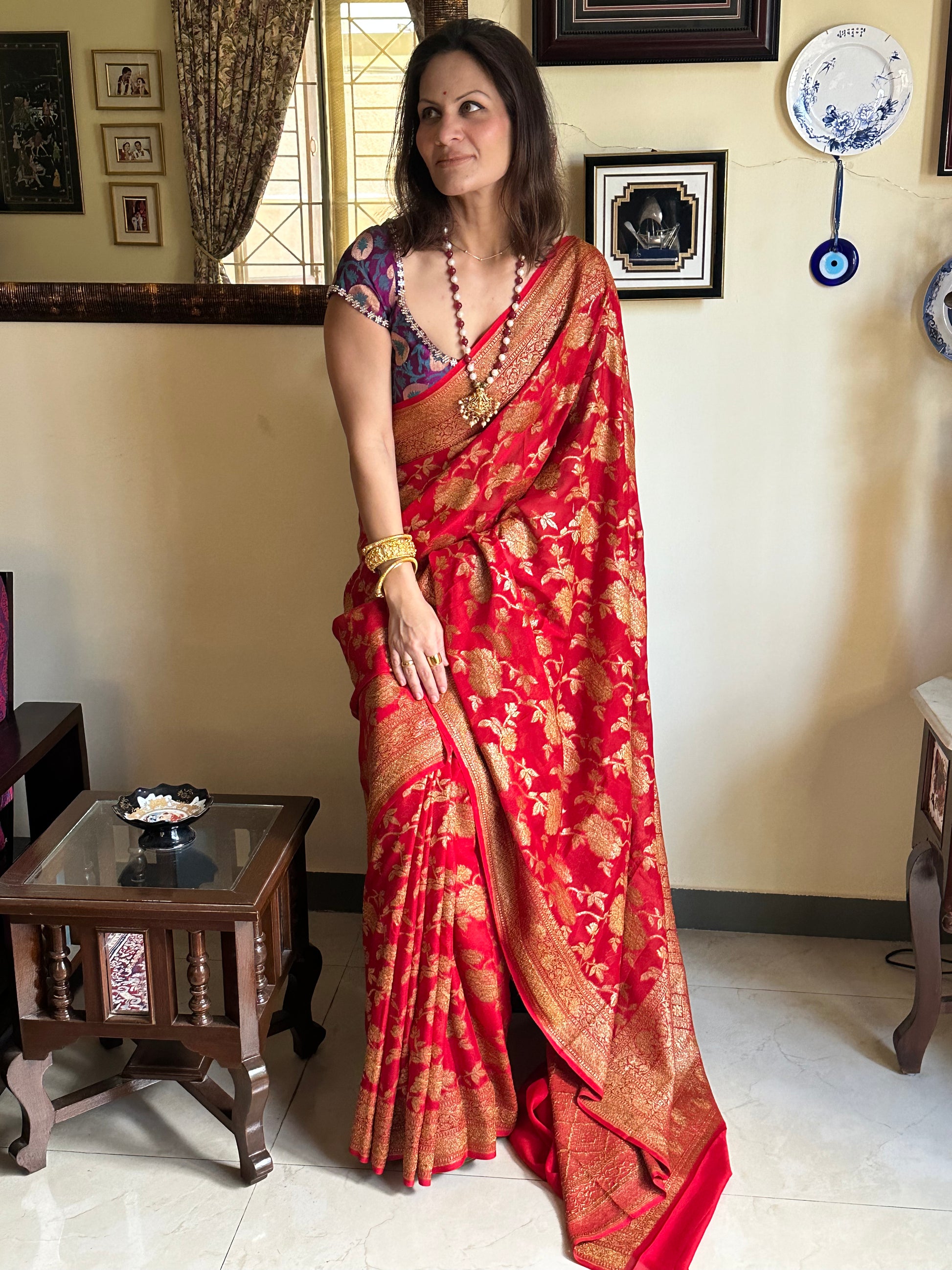 Red & Gold Banarasi Pure Khaadi Georgette Sari - Raahini