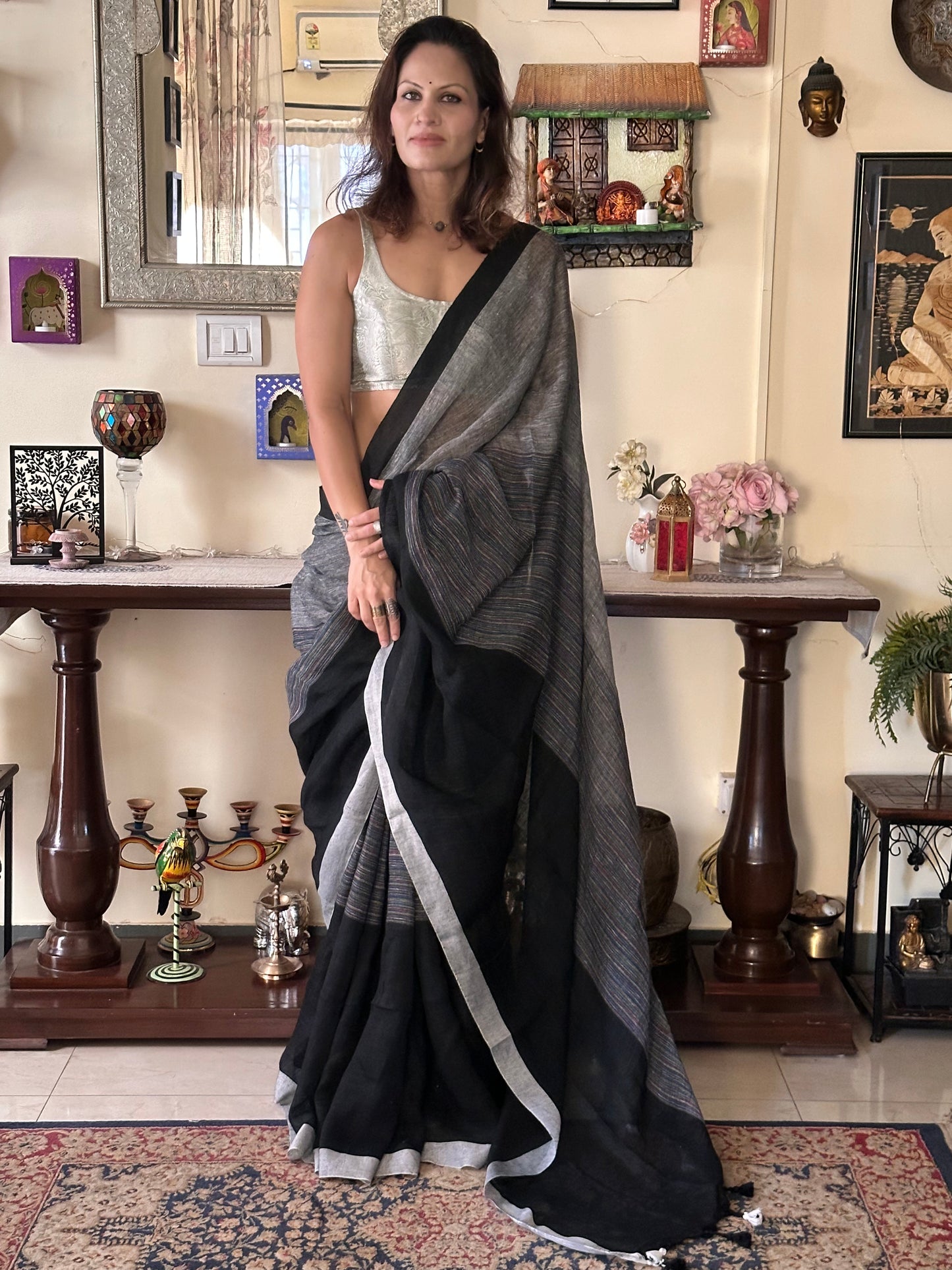 Black & Grey Handloom Pure Linen Sari with Multicolor Thread Weaving