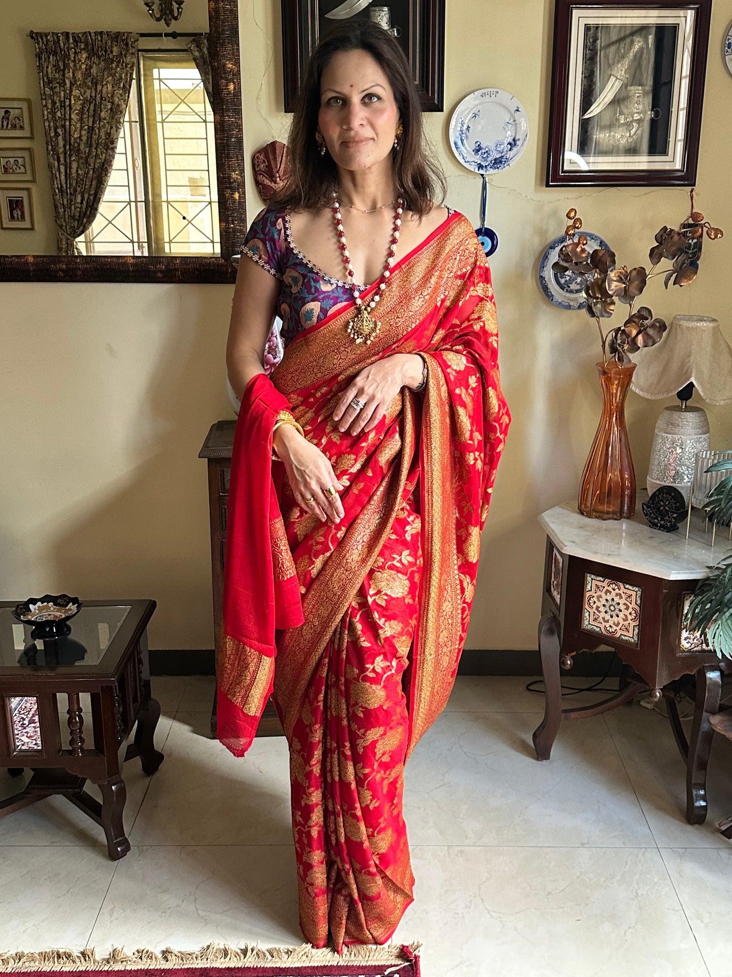 Red & Gold Banarasi Pure Khaadi Georgette Sari - Raahini