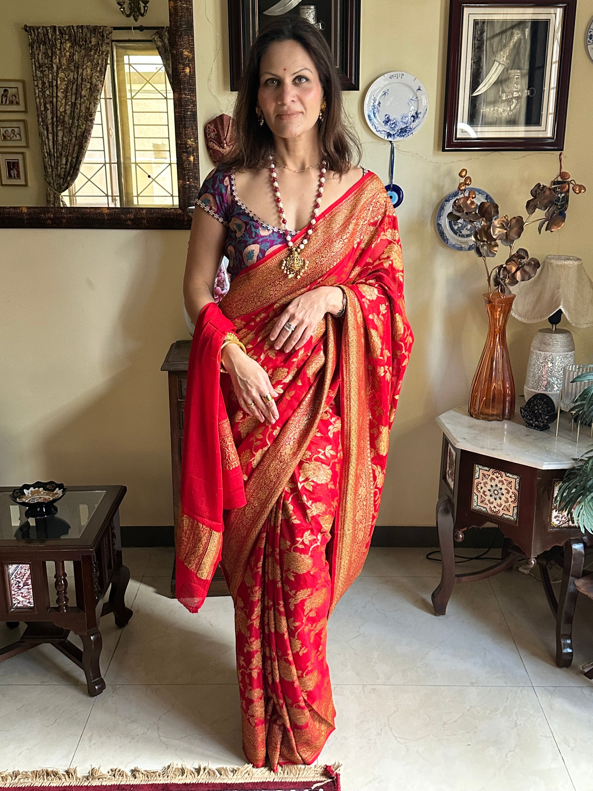 Red & Gold Banarasi Pure Khaadi Georgette Sari - Raahini