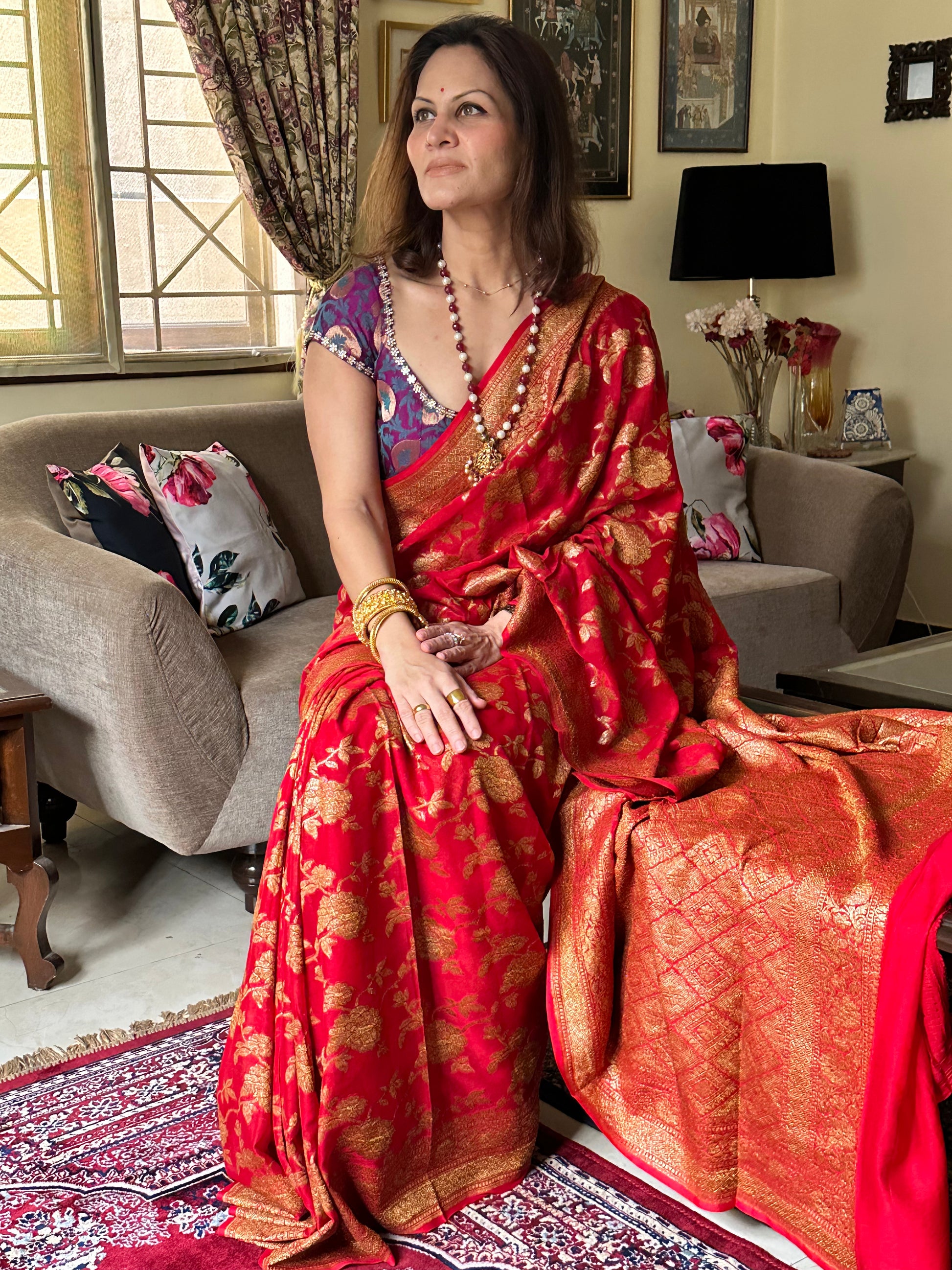 Red & Gold Banarasi Pure Khaadi Georgette Sari - Raahini