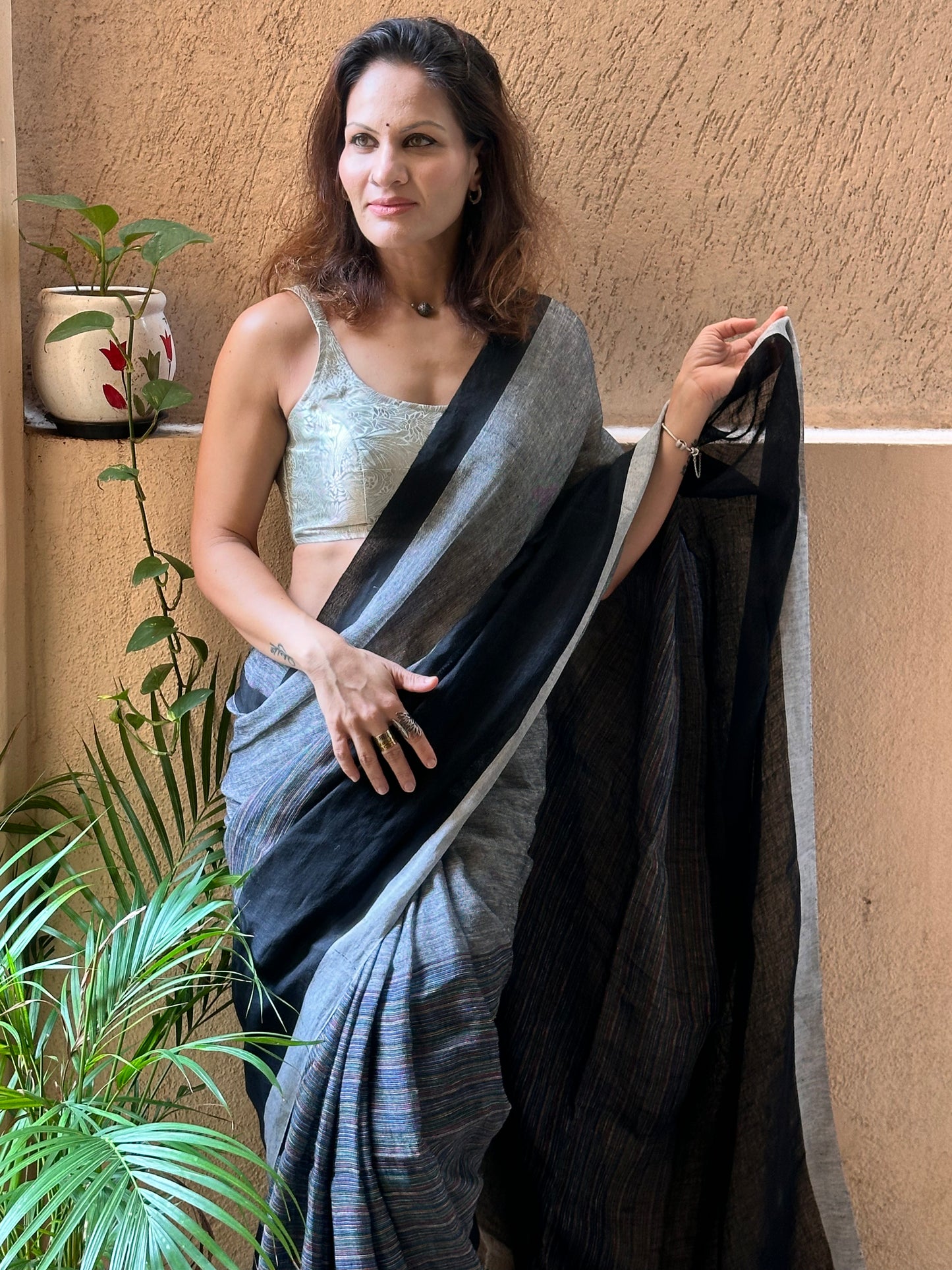 Black & Grey Handloom Pure Linen Sari with Multicolor Thread Weaving