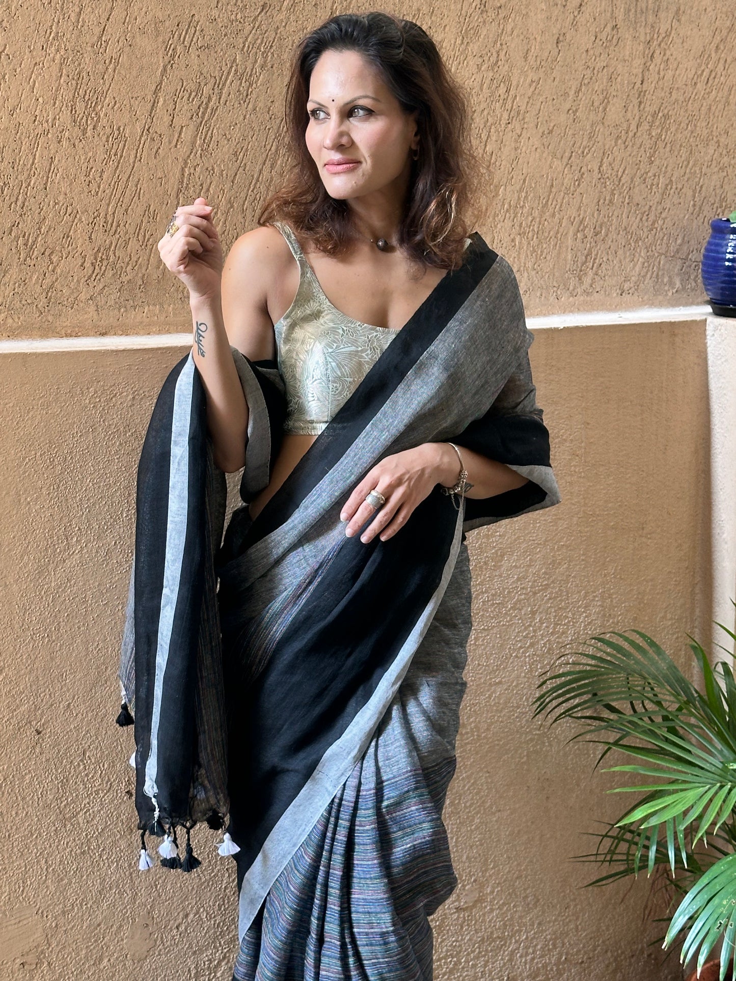 Black & Grey Handloom Pure Linen Sari with Multicolor Thread Weaving