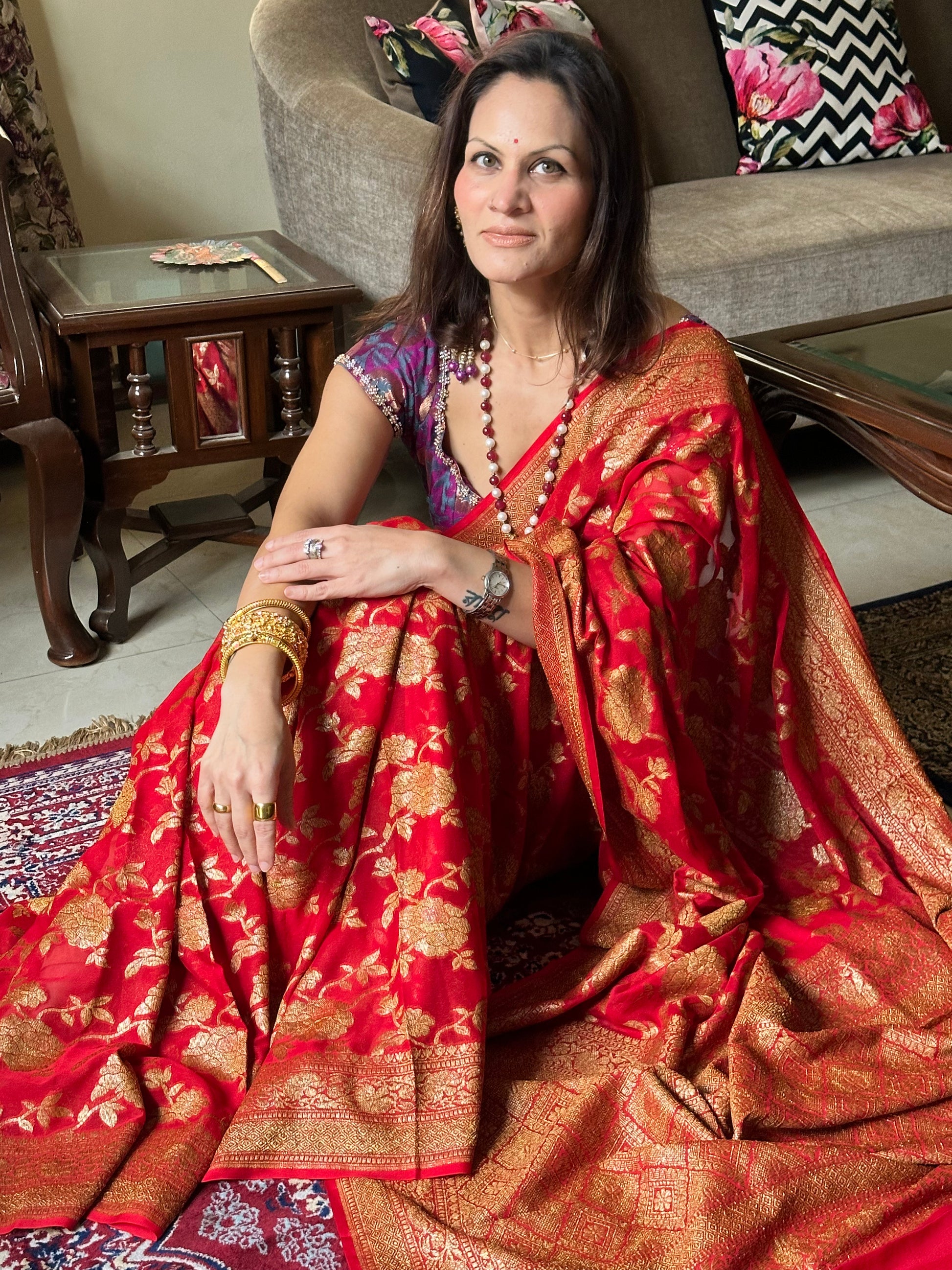 Red & Gold Banarasi Pure Khaadi Georgette Sari - Raahini