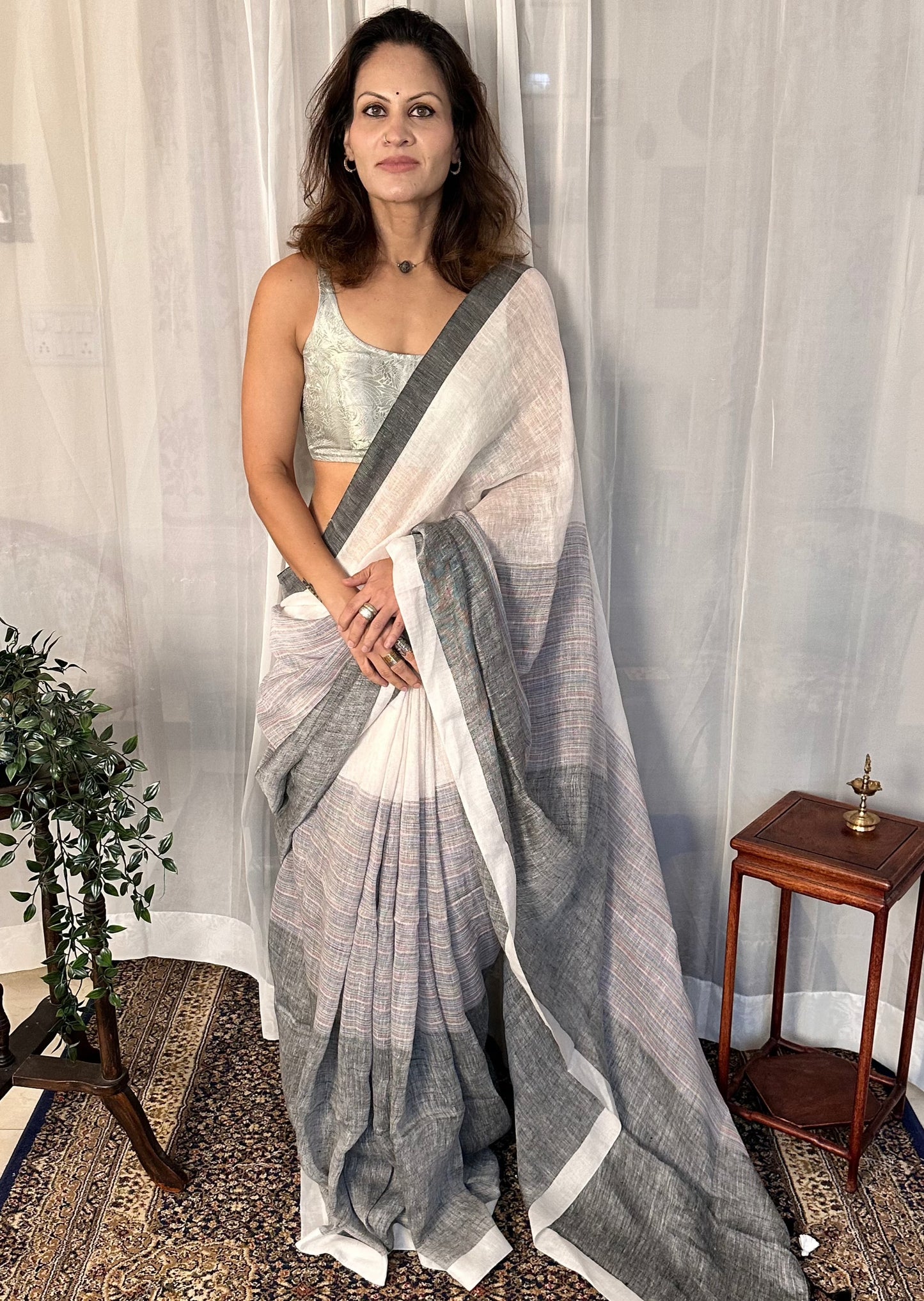 White & Grey Handloom Pure Linen Sari with Multicolor Thread Weaving